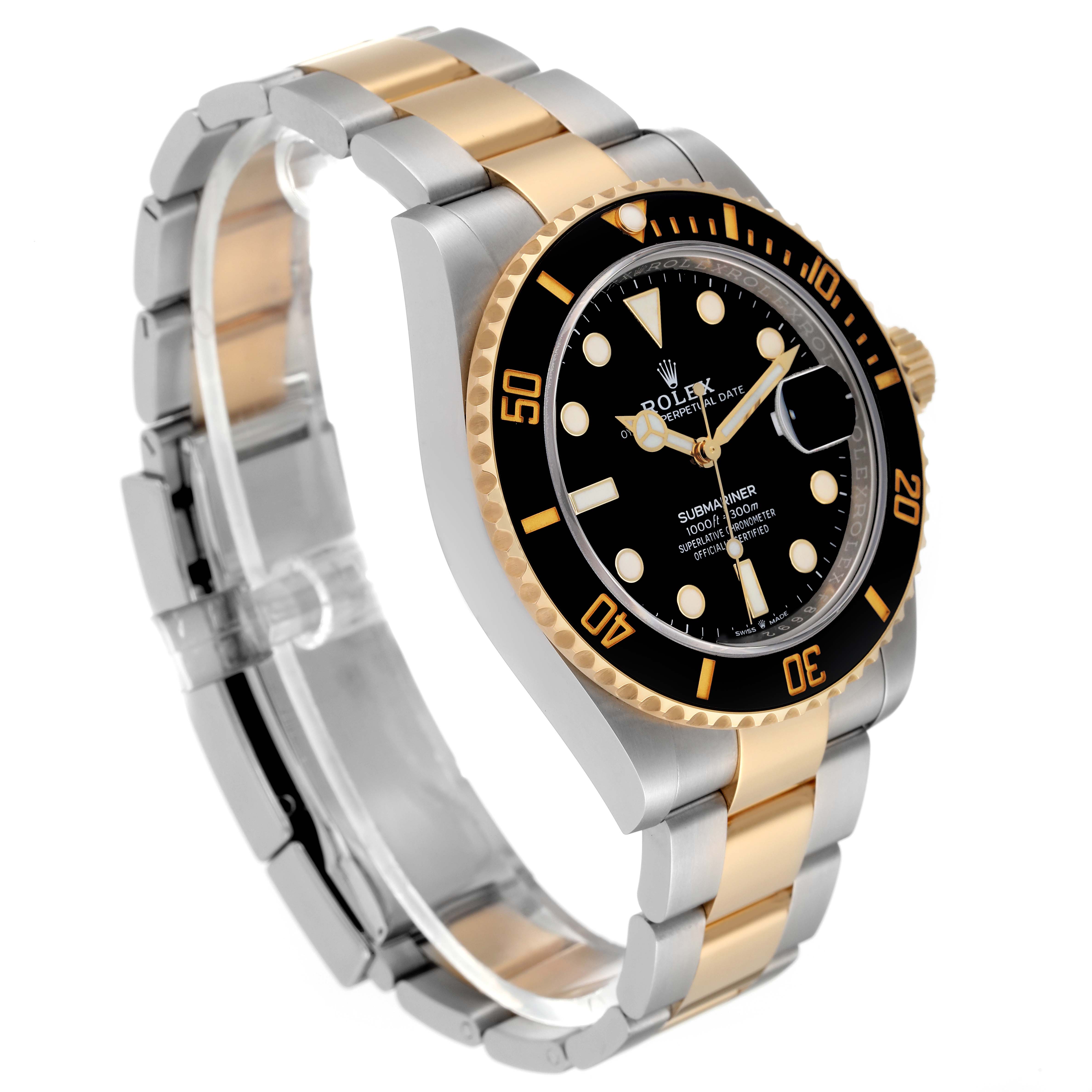 This image shows a side angle of a Rolex Submariner 126613LN Men's Steel and Gold (two tone) Black Dial 126613LN Men's Steel and Gold (two tone) Black Dial watch, highlighting its black bezel, gold and silver bracelet, and dial.