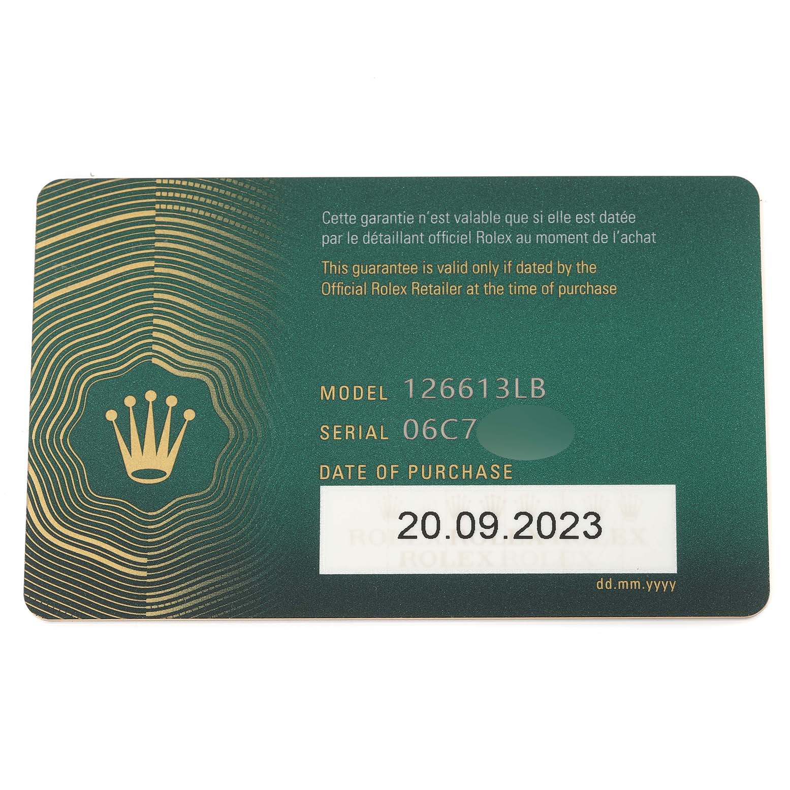 This image shows a Rolex warranty card for the Submariner model 126613LB with serial number 06C7 and purchase date 20.09.2023.