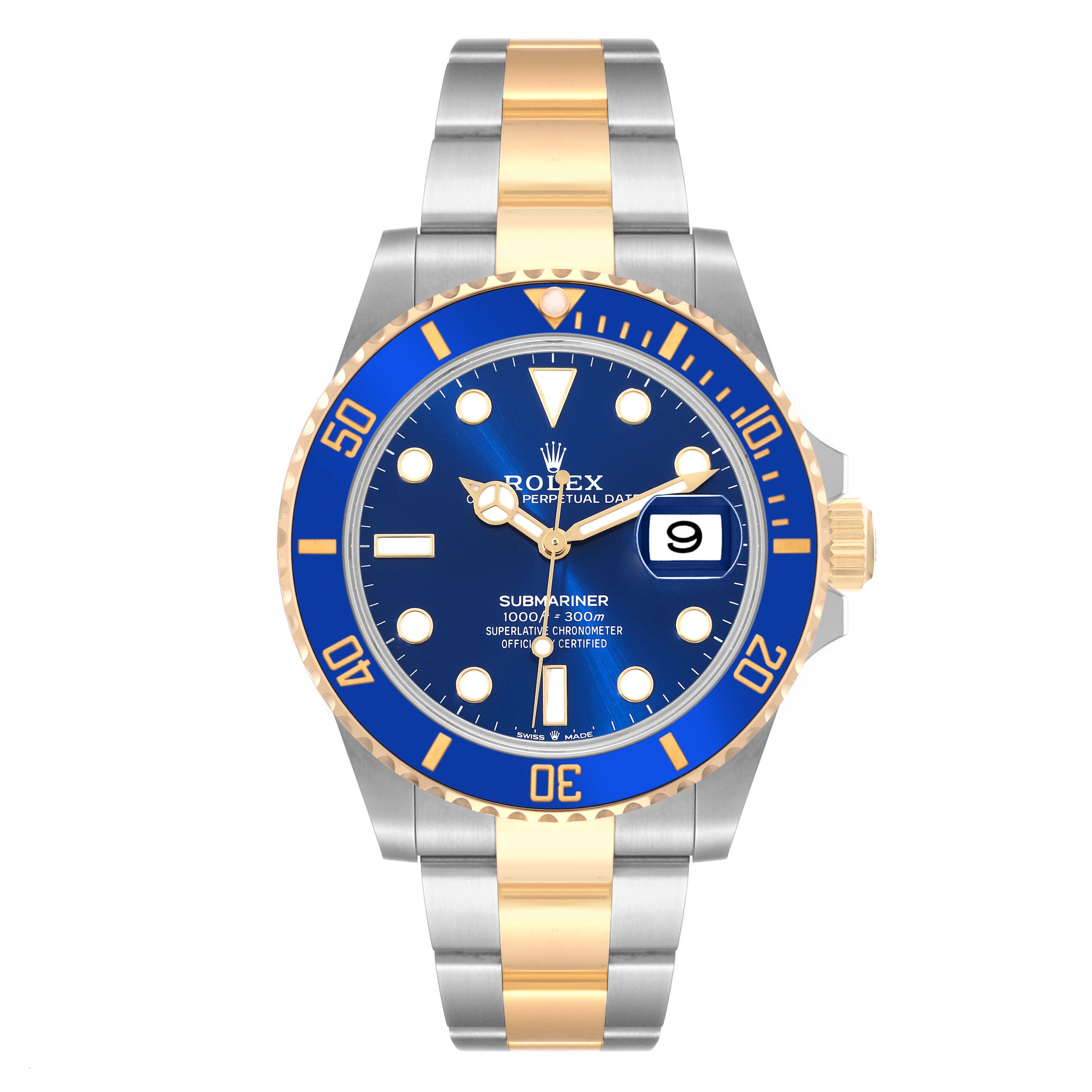The image shows a Rolex Submariner 126613LB Men
s Steel and Gold (two tone) Blue Dial 126613LB Men
s Steel and Gold (two tone) Blue Dial watch from the front, displaying the blue dial, date window, bezel, and two-tone bracelet.