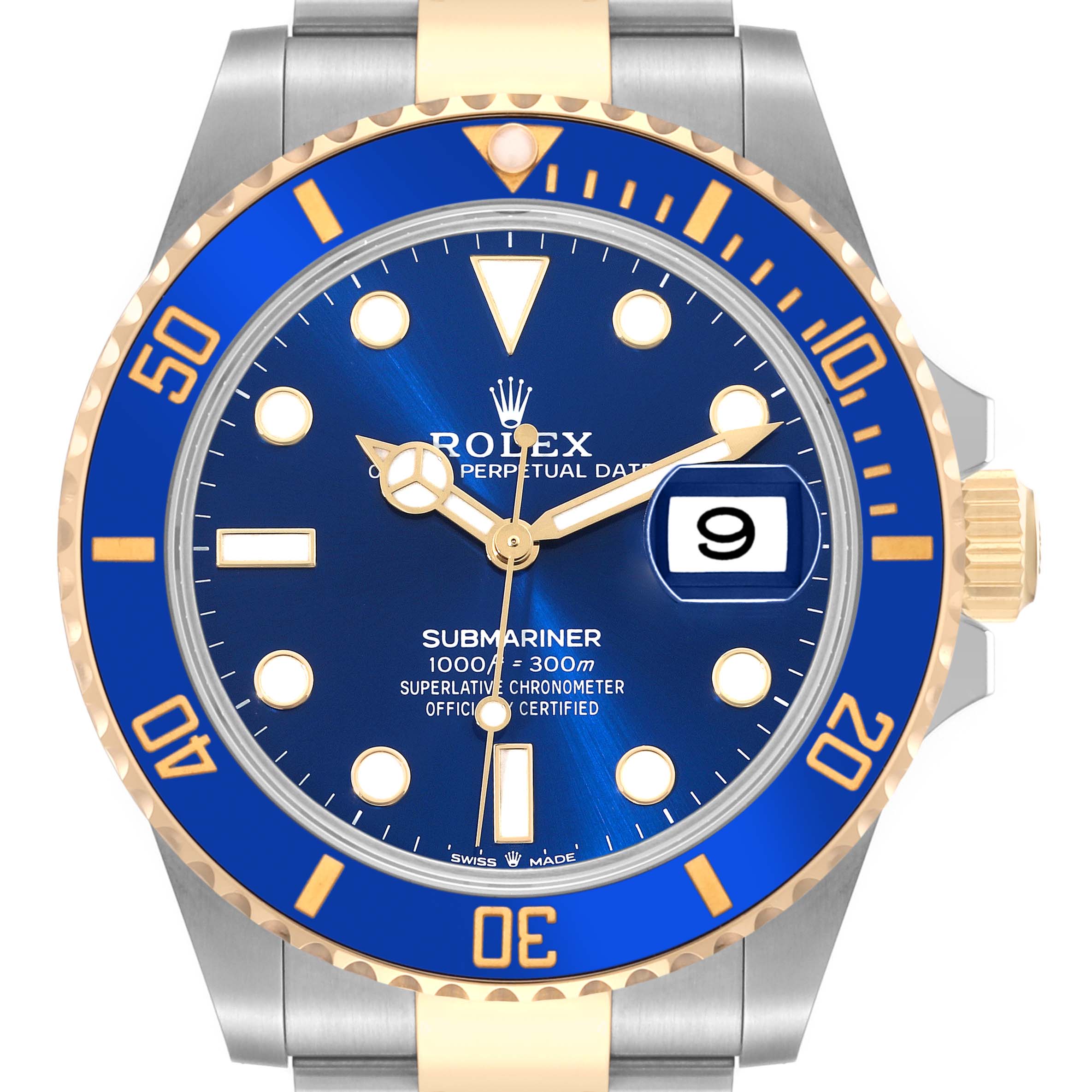 The image shows a front view of a Rolex Submariner 126613LB Men
s Steel and Gold (two tone) Blue Dial 126613LB Men
s Steel and Gold (two tone) Blue Dial watch, highlighting its blue dial, date display, and blue bezel with gold accents.