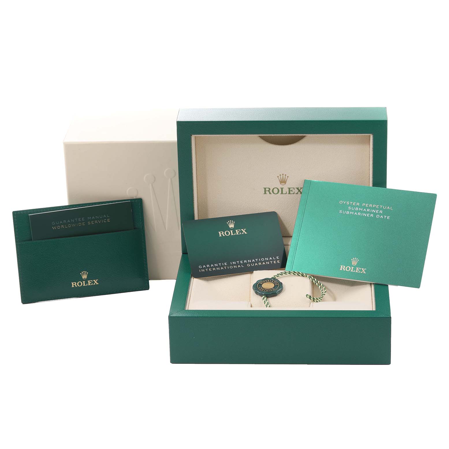 The image shows a Rolex Submariner 126613LB Men
s Steel and Gold (two tone) Blue Dial 126613LB Men
s Steel and Gold (two tone) Blue Dial watch box, guarantee manual, international guarantee card, and booklet from a front angle.