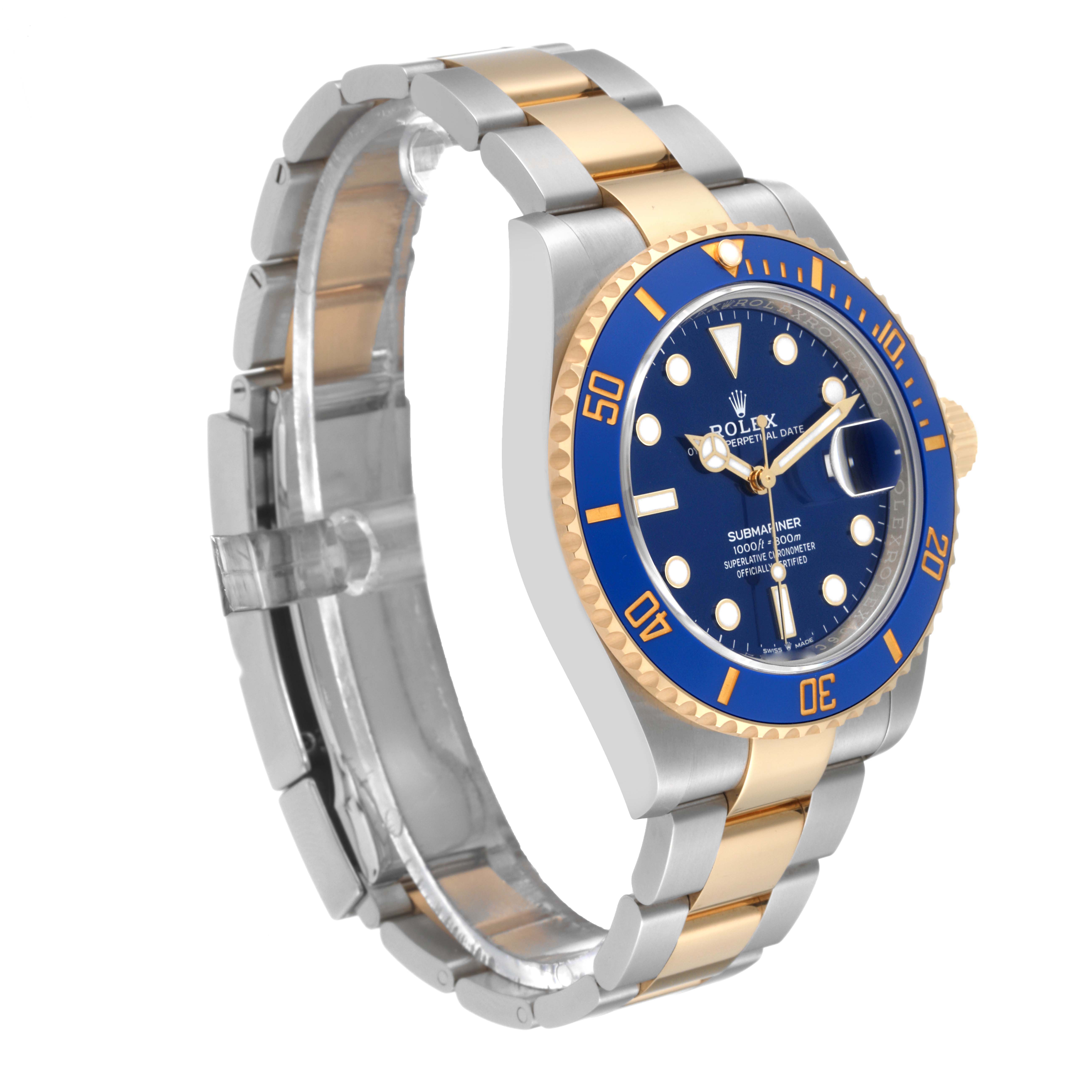 The image shows a side view and partial front angle of the Rolex Submariner 126613LB Men
s Steel and Gold (two tone) Blue Dial 126613LB Men
s Steel and Gold (two tone) Blue Dial, highlighting its blue dial and two-tone metal bracelet.