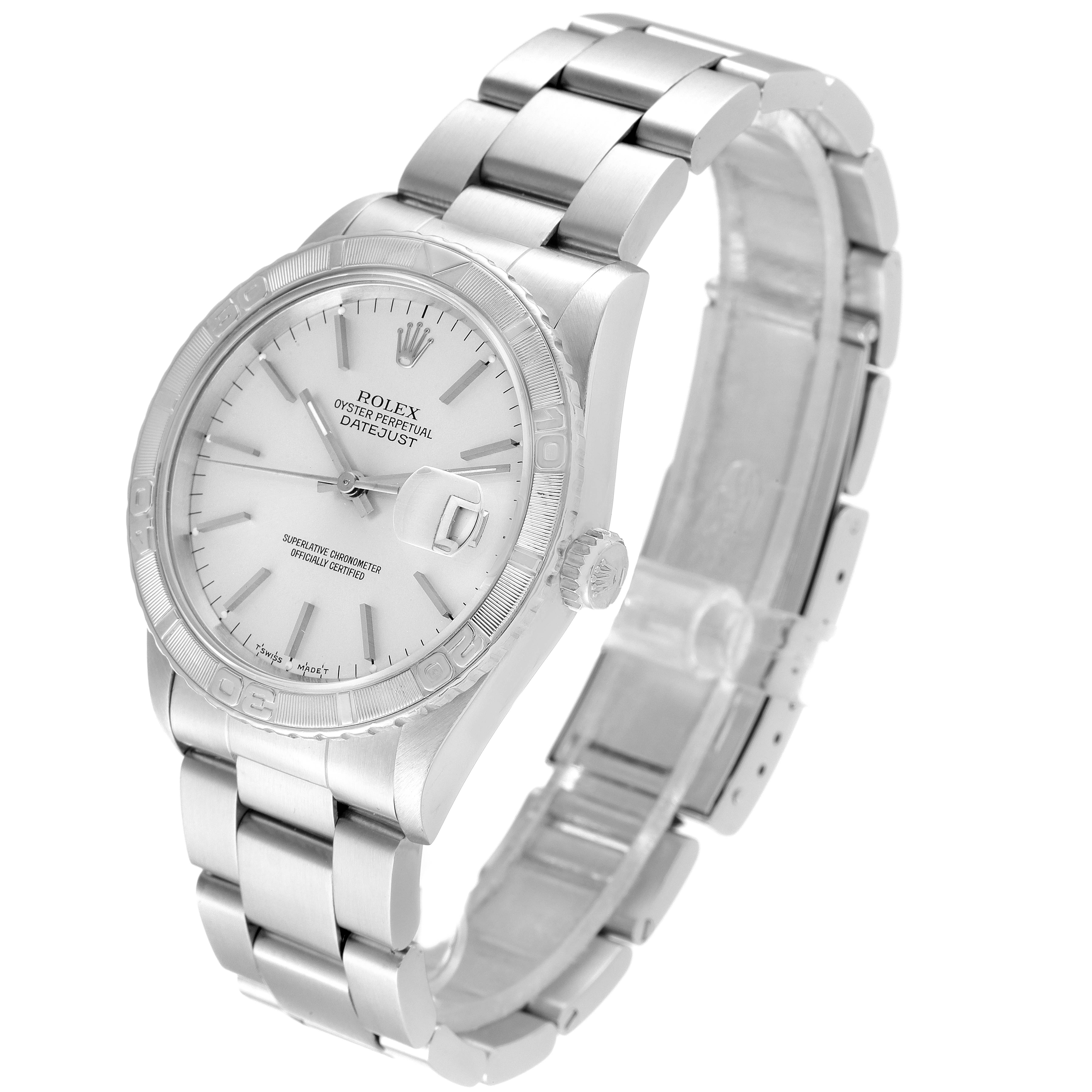 This Rolex Turn-o-Graph 16264 Men's Stainless Steel Silver Dial 16264 Men's Stainless Steel Silver Dial watch is shown at an angled top view, highlighting the dial, bezel, and bracelet.