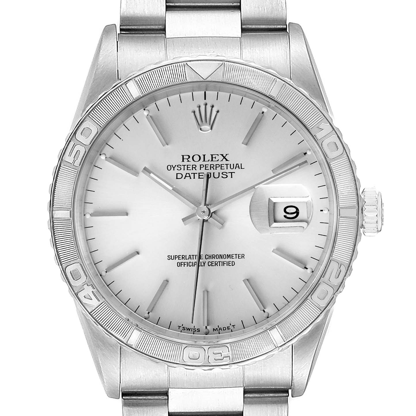 This image shows a front view of the Rolex Turn-o-Graph 16264 Men's Stainless Steel Silver Dial 16264 Men's Stainless Steel Silver Dial watch, highlighting its dial, bezel, and bracelet.