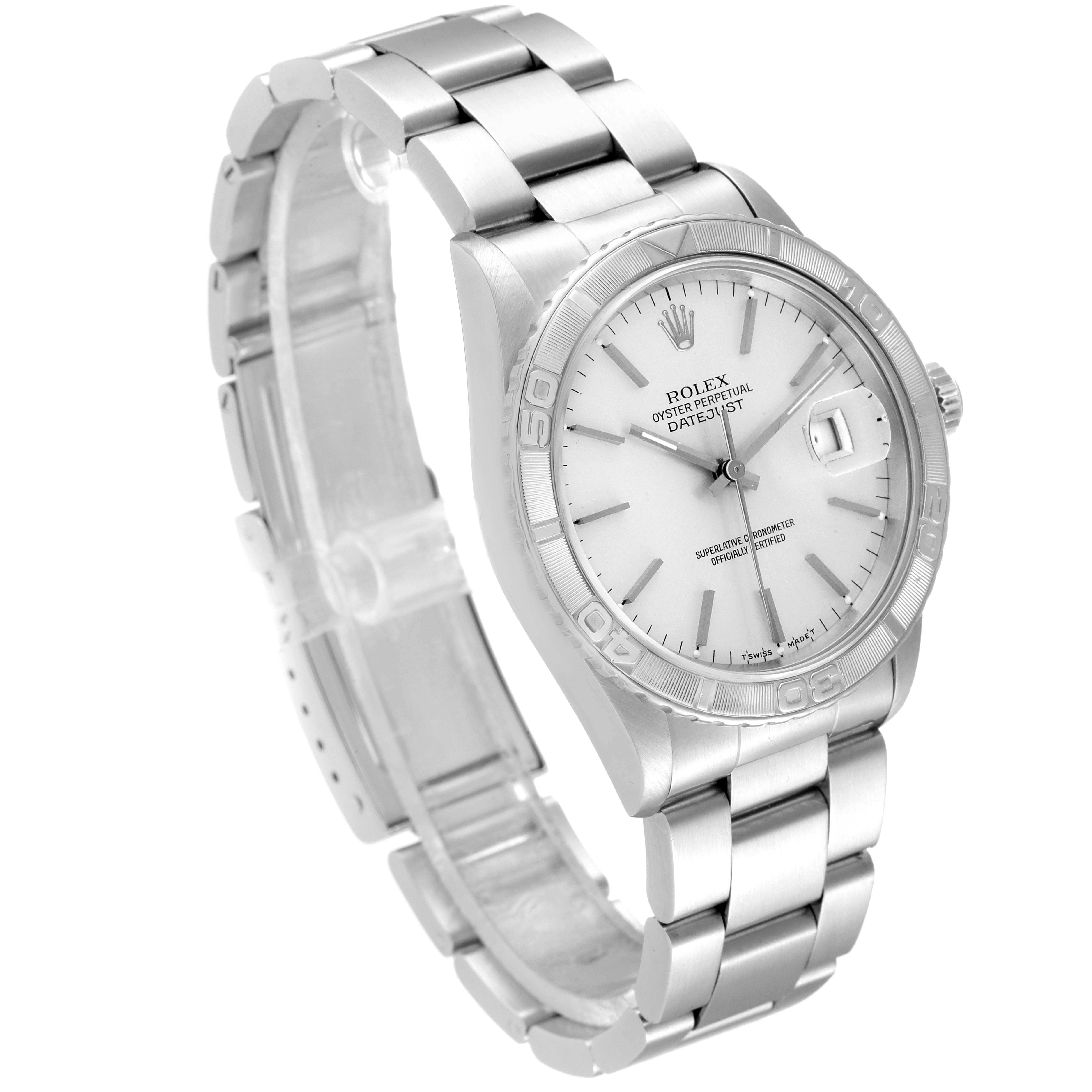 This image shows a Rolex Turn-o-Graph 16264 Men's Stainless Steel Silver Dial 16264 Men's Stainless Steel Silver Dial watch at an angle highlighting its face, bracelet, and clasp.