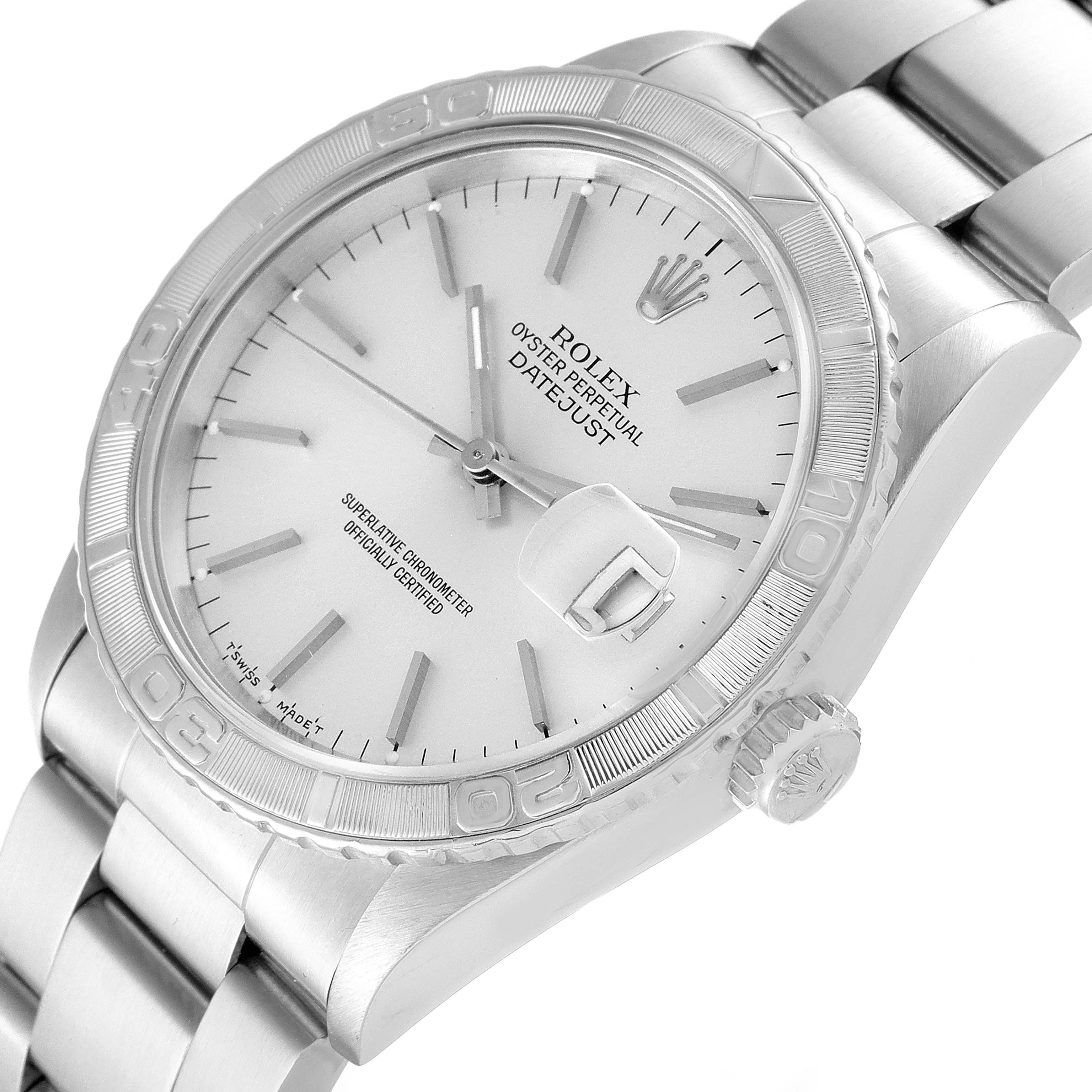 The image shows a Rolex Turn-o-Graph 16264 Men's Stainless Steel Silver Dial 16264 Men's Stainless Steel Silver Dial watch at an angled close-up, featuring the dial, bezel, crown, and part of the bracelet.