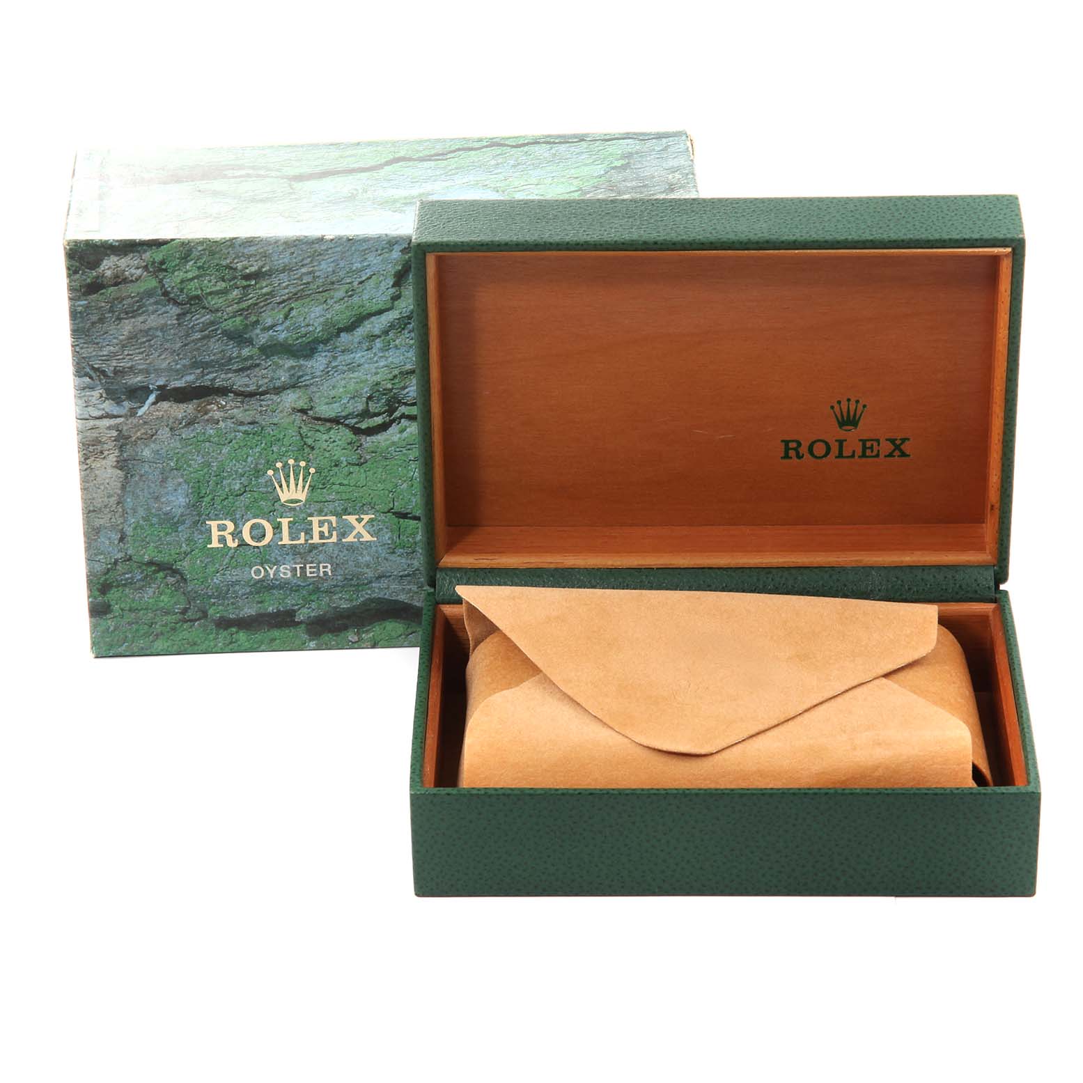 The image shows an open Rolex box with a green exterior and wood interior, holding a suede pouch, presumably for the Turn-o-Graph model.