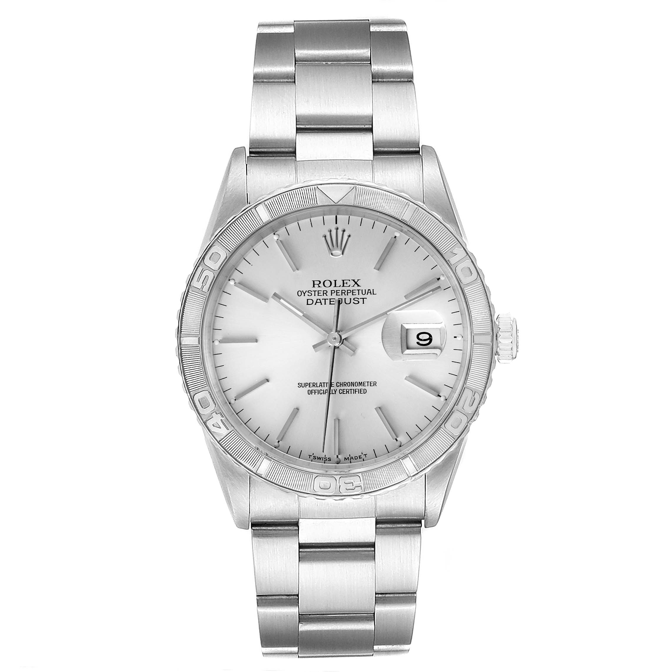 The image shows a front view of a Rolex Turn-o-Graph 16264 Men's Stainless Steel Silver Dial 16264 Men's Stainless Steel Silver Dial Datejust watch, featuring its dial, hands, bezel, and bracelet.