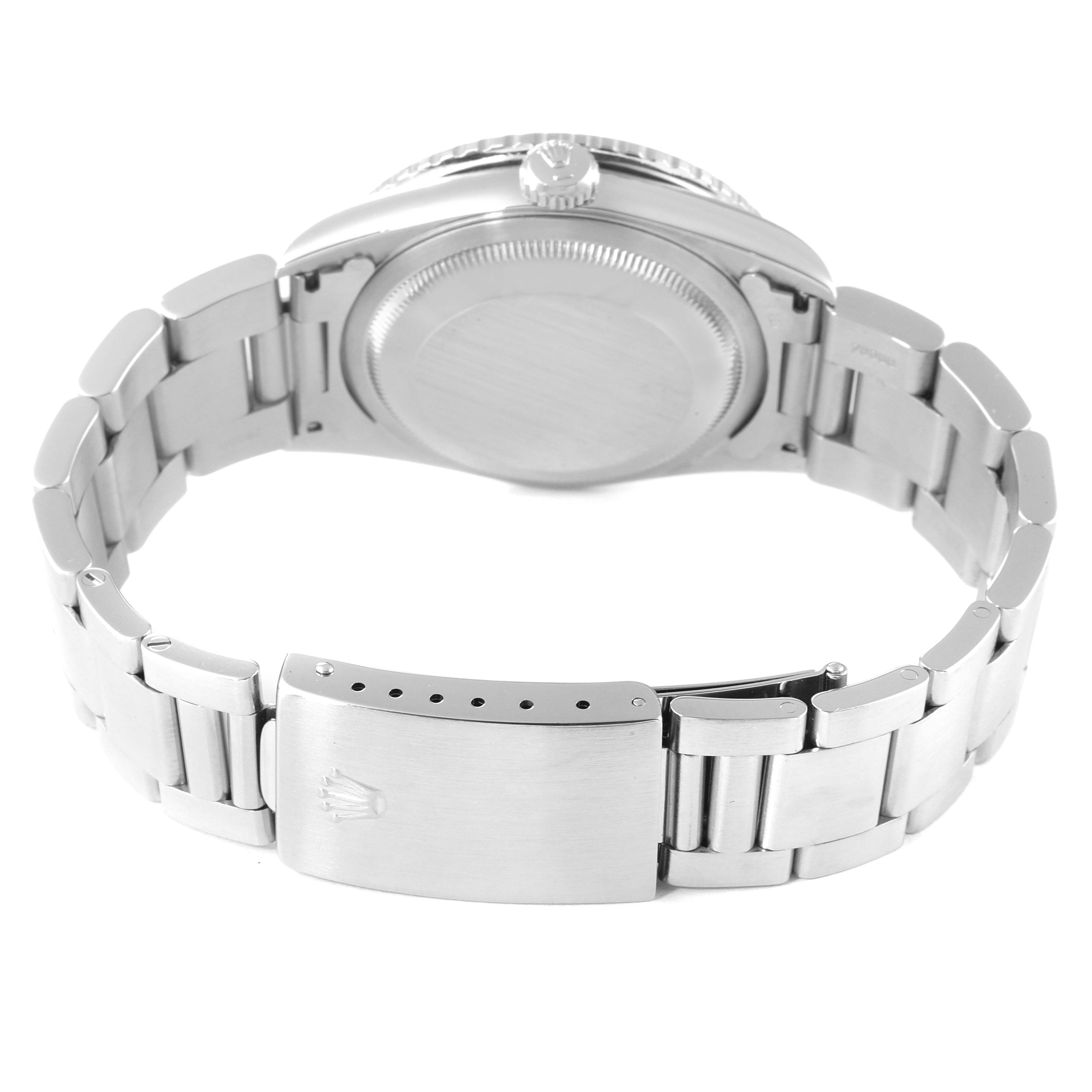 This image shows the back case and bracelet of a Rolex Turn-o-Graph 16264 Men's Stainless Steel Silver Dial 16264 Men's Stainless Steel Silver Dial watch from a straight-on angle.