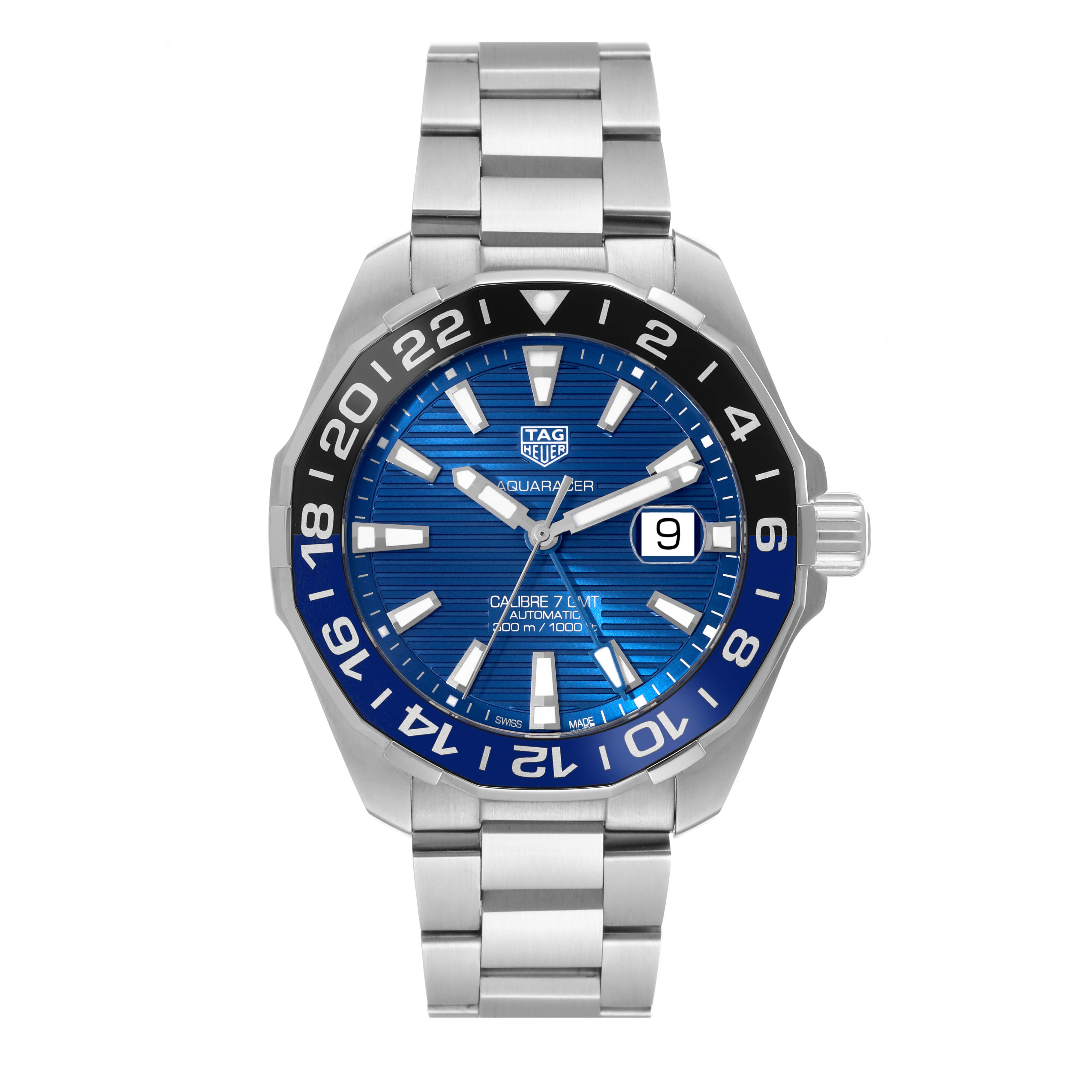 This image shows a front view of the Tag Heuer Aquaracer WAY201T.BA0927 Men's Stainless Steel Blue Dial WAY201T.BA0927 Men's Stainless Steel Blue Dial watch, highlighting its blue dial, date window, and stainless steel bracelet.