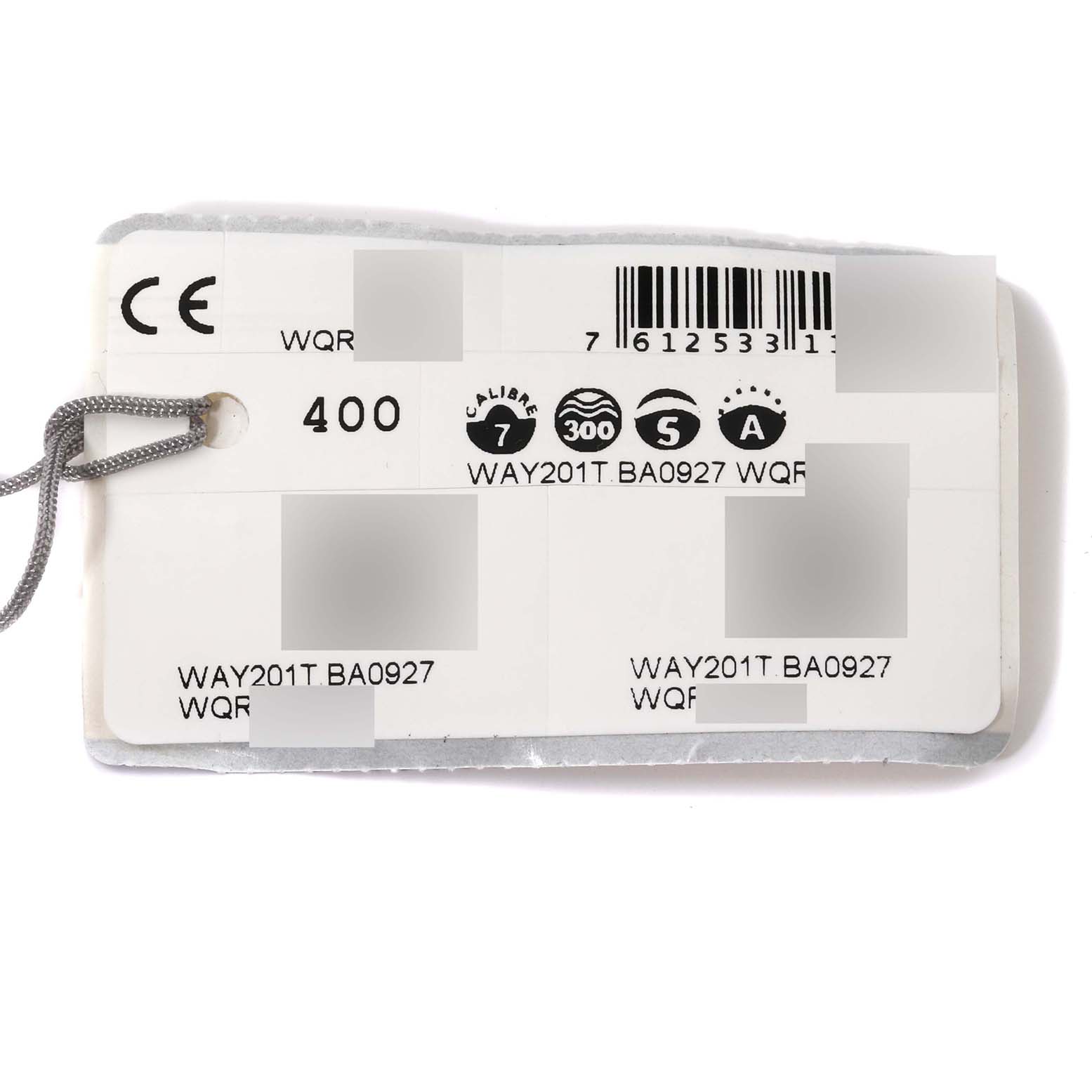 The image shows the tag for a Tag Heuer Aquaracer WAY201T.BA0927 Men's Stainless Steel Blue Dial WAY201T.BA0927 Men's Stainless Steel Blue Dial model WAY201T.BA0927, displaying specifications and a barcode.