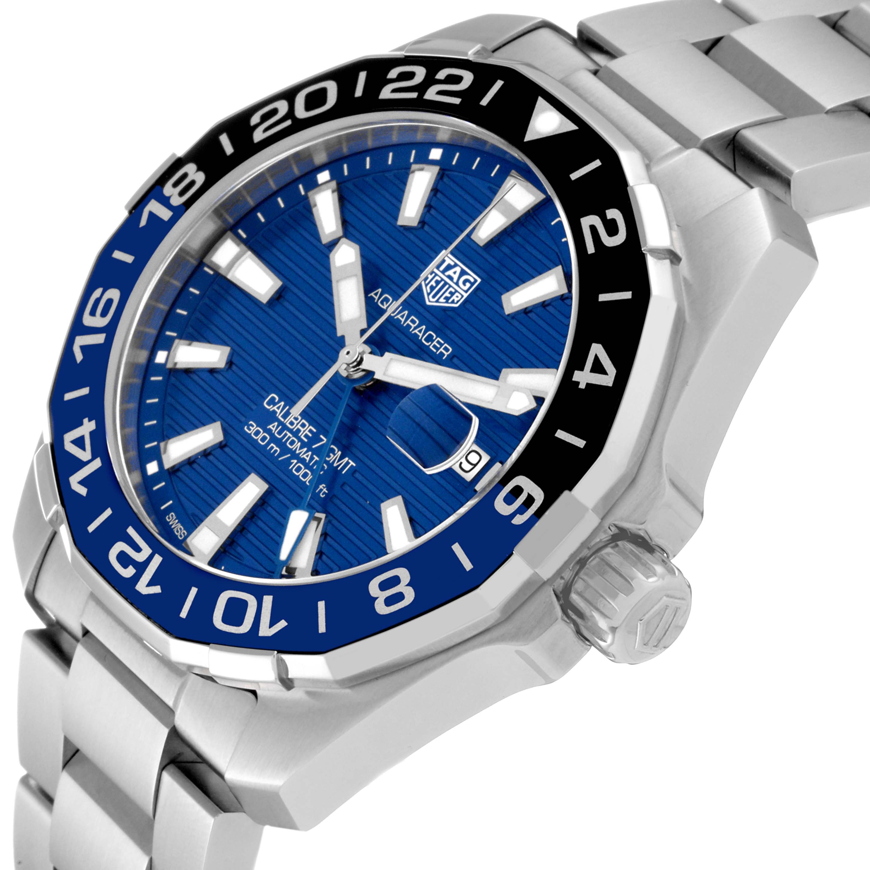 This image shows a close-up of the Tag Heuer Aquaracer WAY201T.BA0927 Men's Stainless Steel Blue Dial WAY201T.BA0927 Men's Stainless Steel Blue Dial watch face, bezel, crown, and part of the bracelet from a side angle.