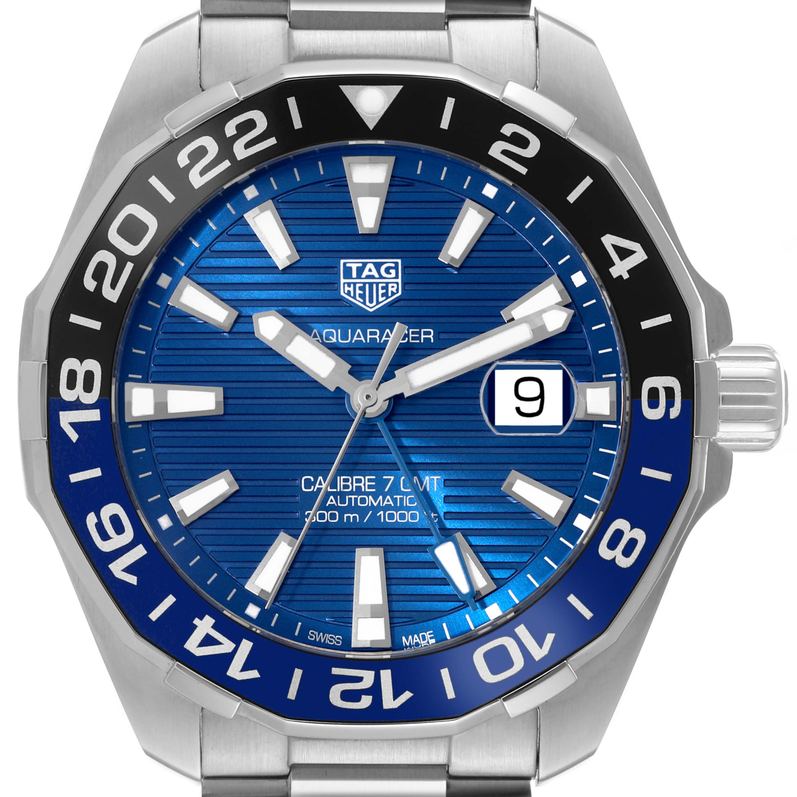 The image displays a front view of the Tag Heuer Aquaracer WAY201T.BA0927 Men's Stainless Steel Blue Dial WAY201T.BA0927 Men's Stainless Steel Blue Dial watch, showcasing its blue dial, date window, and bezel.