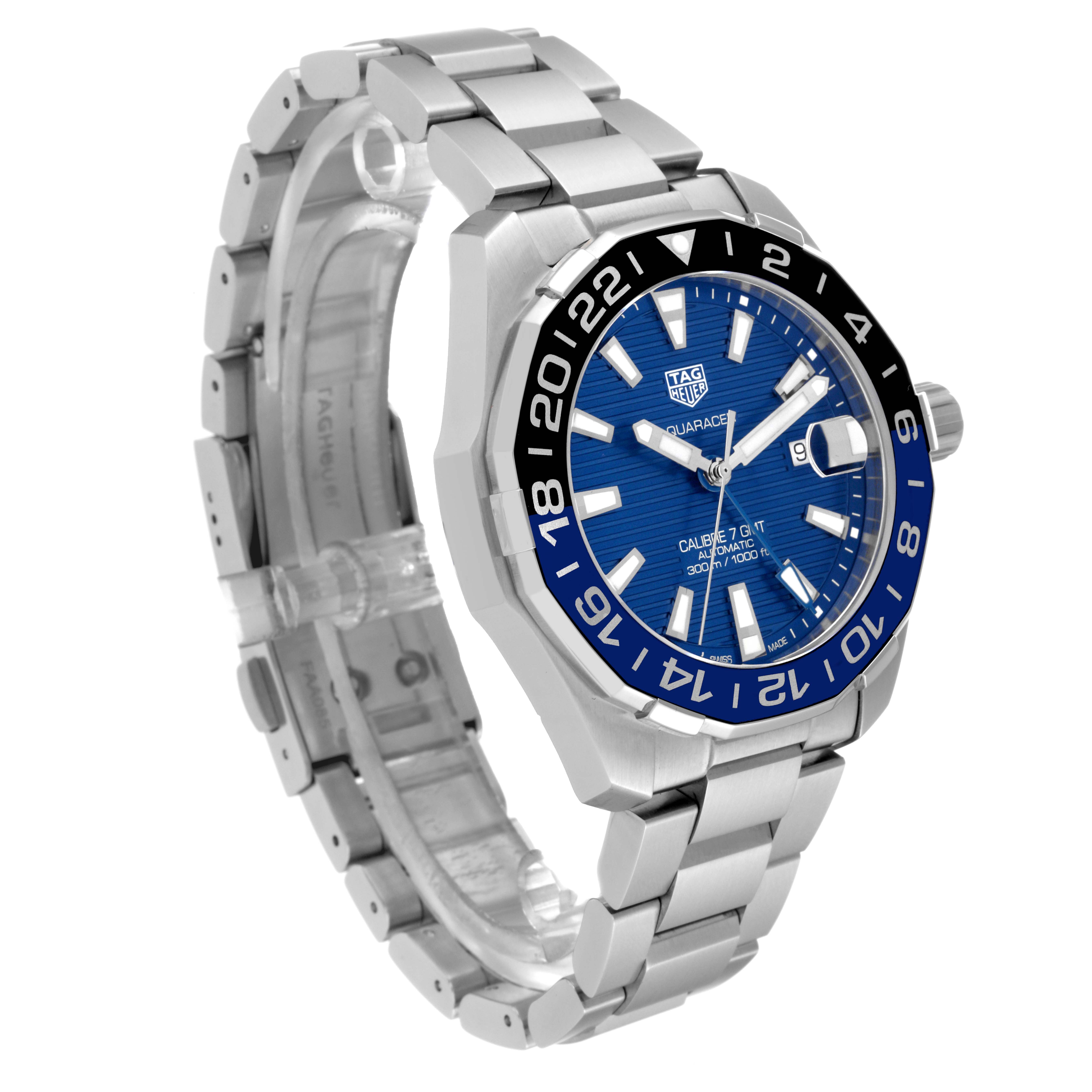 The image shows a Tag Heuer Aquaracer WAY201T.BA0927 Men's Stainless Steel Blue Dial WAY201T.BA0927 Men's Stainless Steel Blue Dial watch from a left side angle, highlighting the dial, bezel, crown, and bracelet.