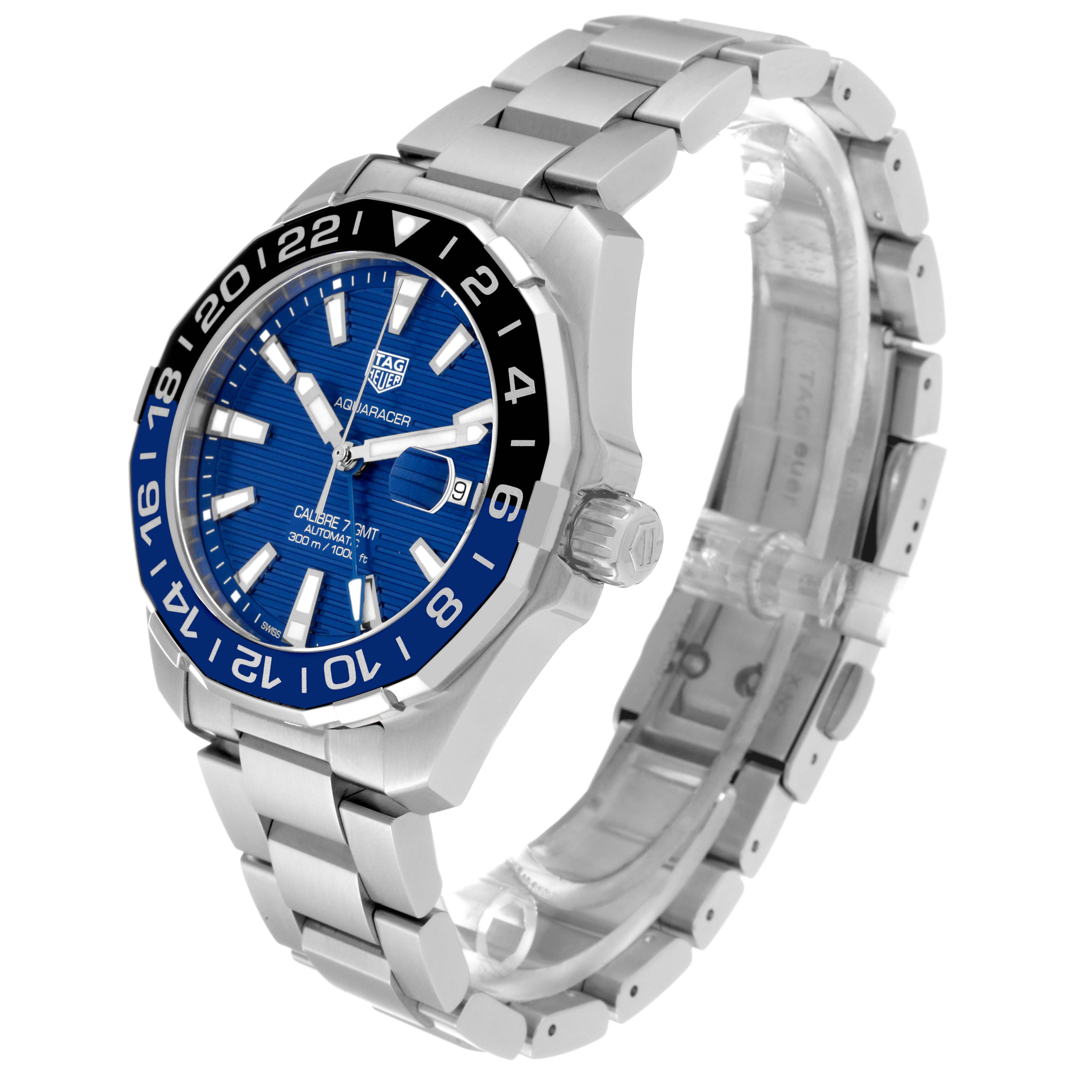 The image shows a Tag Heuer Aquaracer WAY201T.BA0927 Men's Stainless Steel Blue Dial WAY201T.BA0927 Men's Stainless Steel Blue Dial watch at a slight angle, highlighting its blue dial, bezel, crown, and stainless steel bracelet.