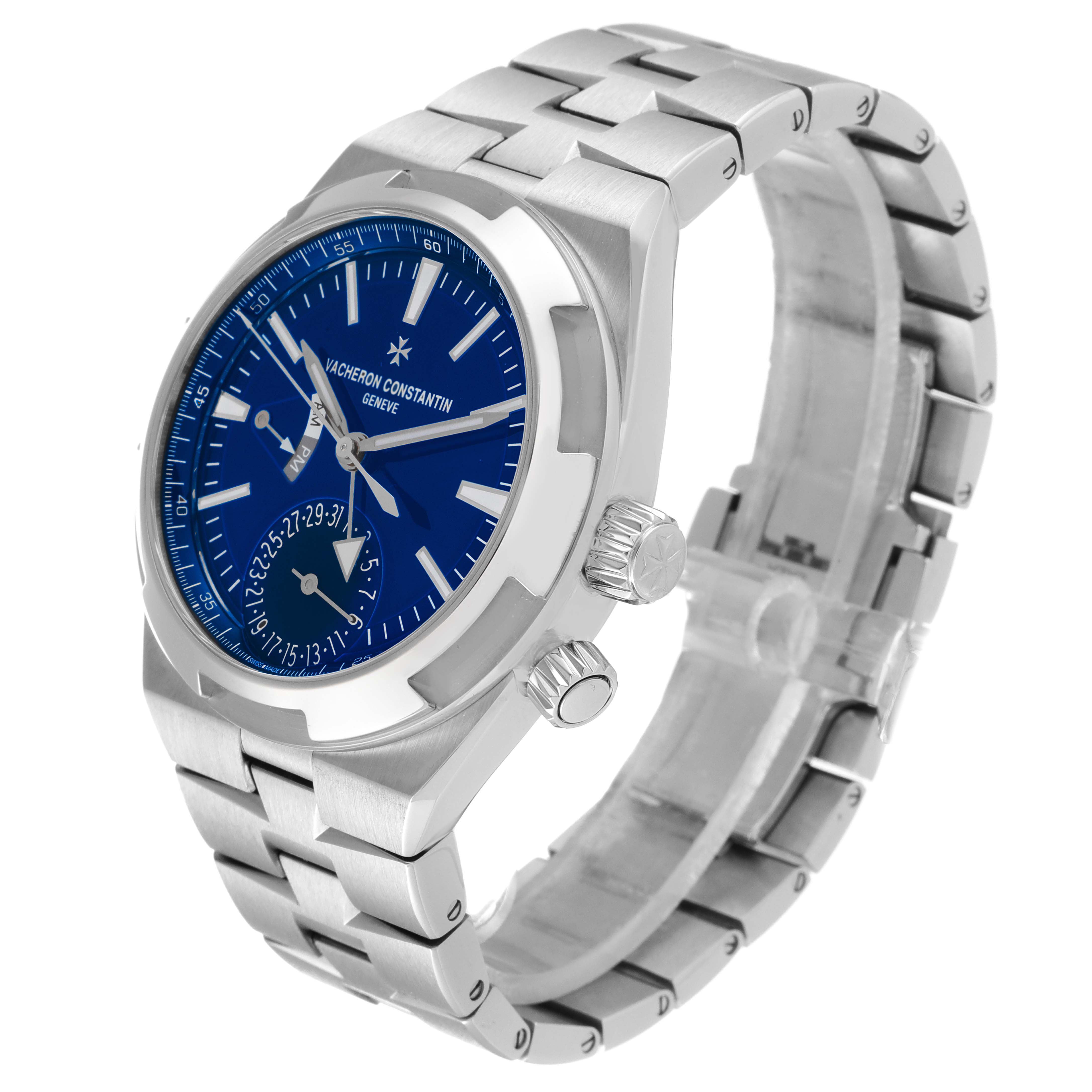This image shows a Vacheron Constantin Overseas 7900V/110A-B334 Men's Stainless Steel Blue Dial 7900V/110A-B334 Men's Stainless Steel Blue Dial model watch from an angled front view, displaying the face, crown, and bracelet.