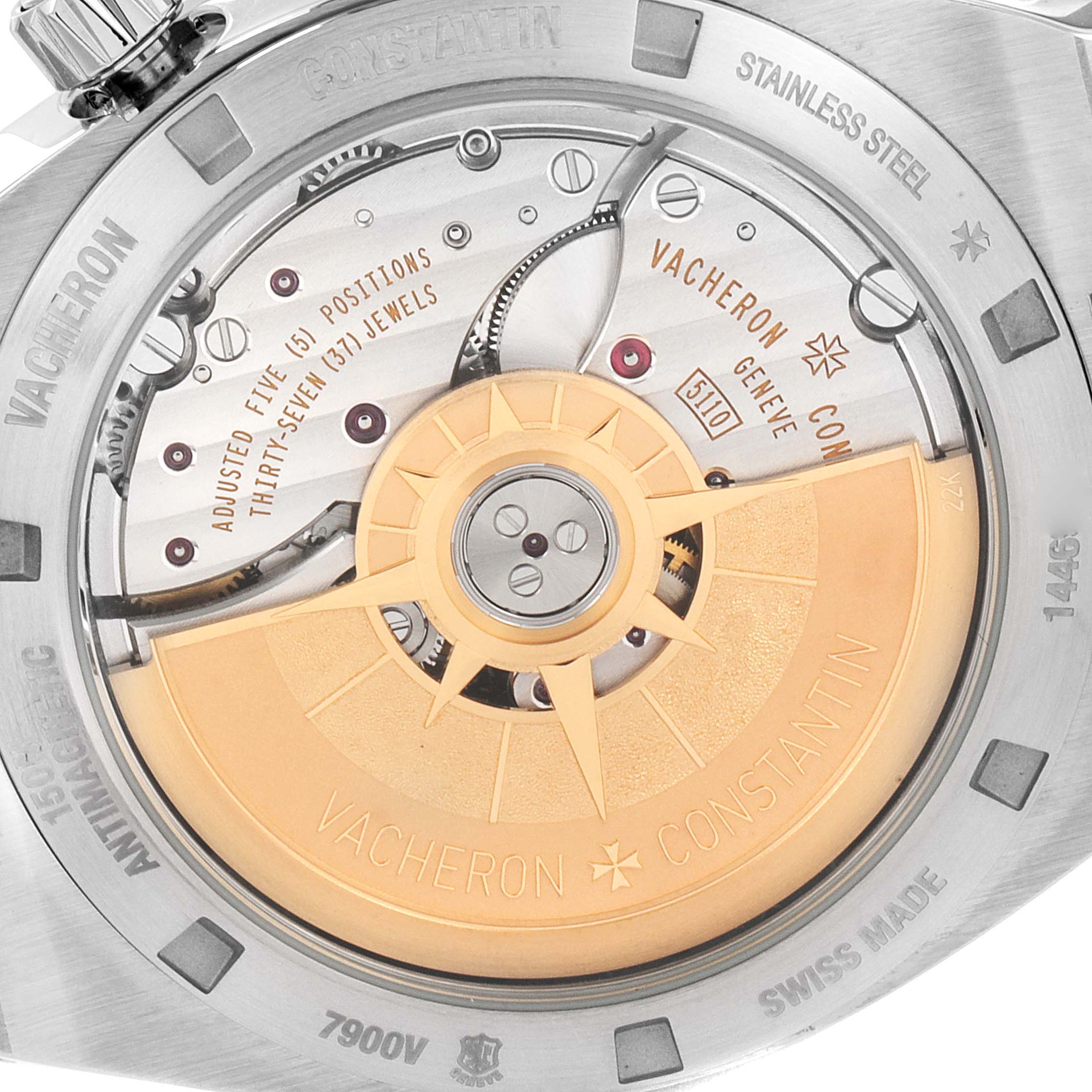 This is a close-up view of the movement and rotor of the Vacheron Constantin Overseas 7900V/110A-B334 Men's Stainless Steel Blue Dial 7900V/110A-B334 Men's Stainless Steel Blue Dial watch, showing the intricate inner mechanics.