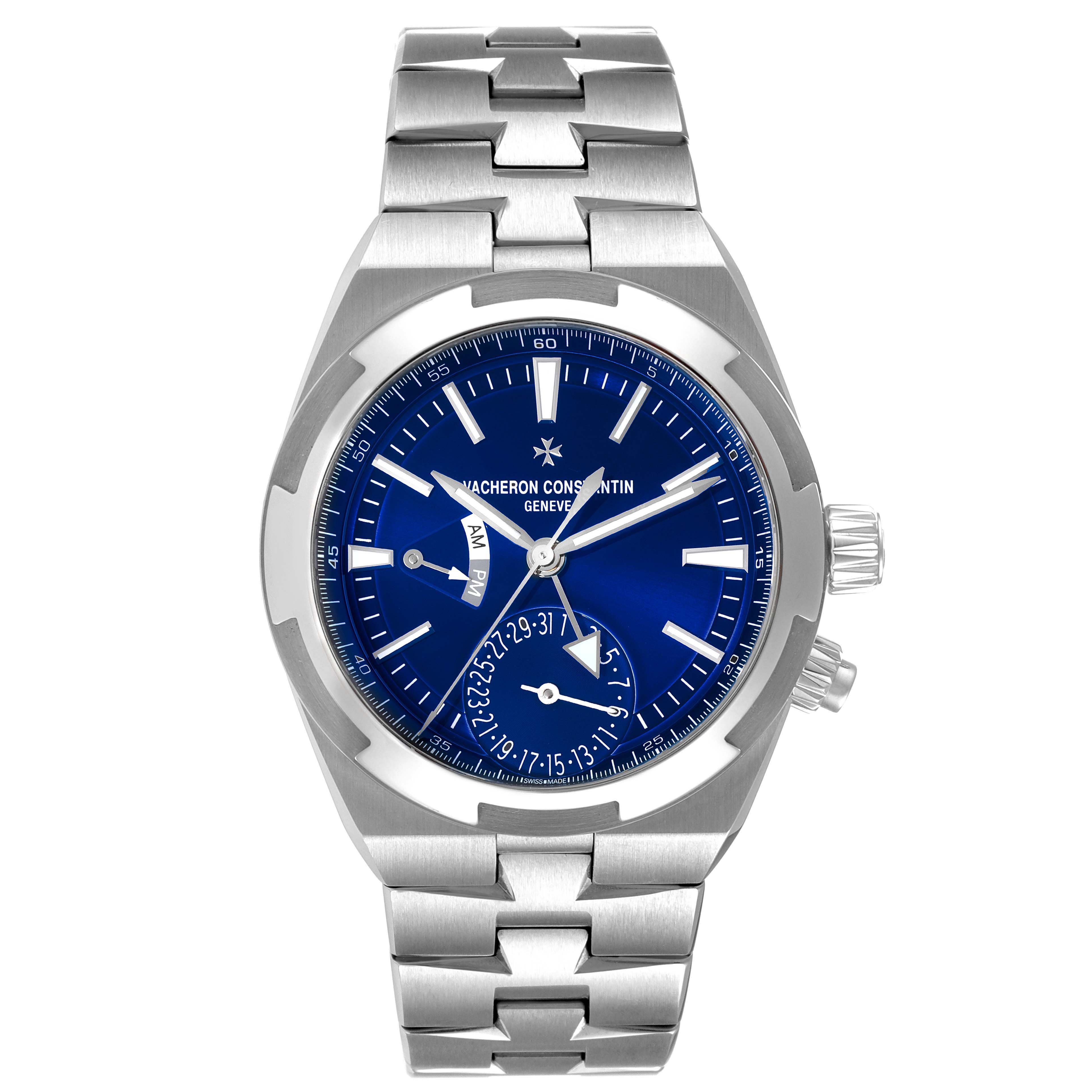 The image shows a front view of the Vacheron Constantin Overseas 7900V/110A-B334 Men's Stainless Steel Blue Dial 7900V/110A-B334 Men's Stainless Steel Blue Dial model watch, displaying its blue dial, hands, subdials, and metal strap.