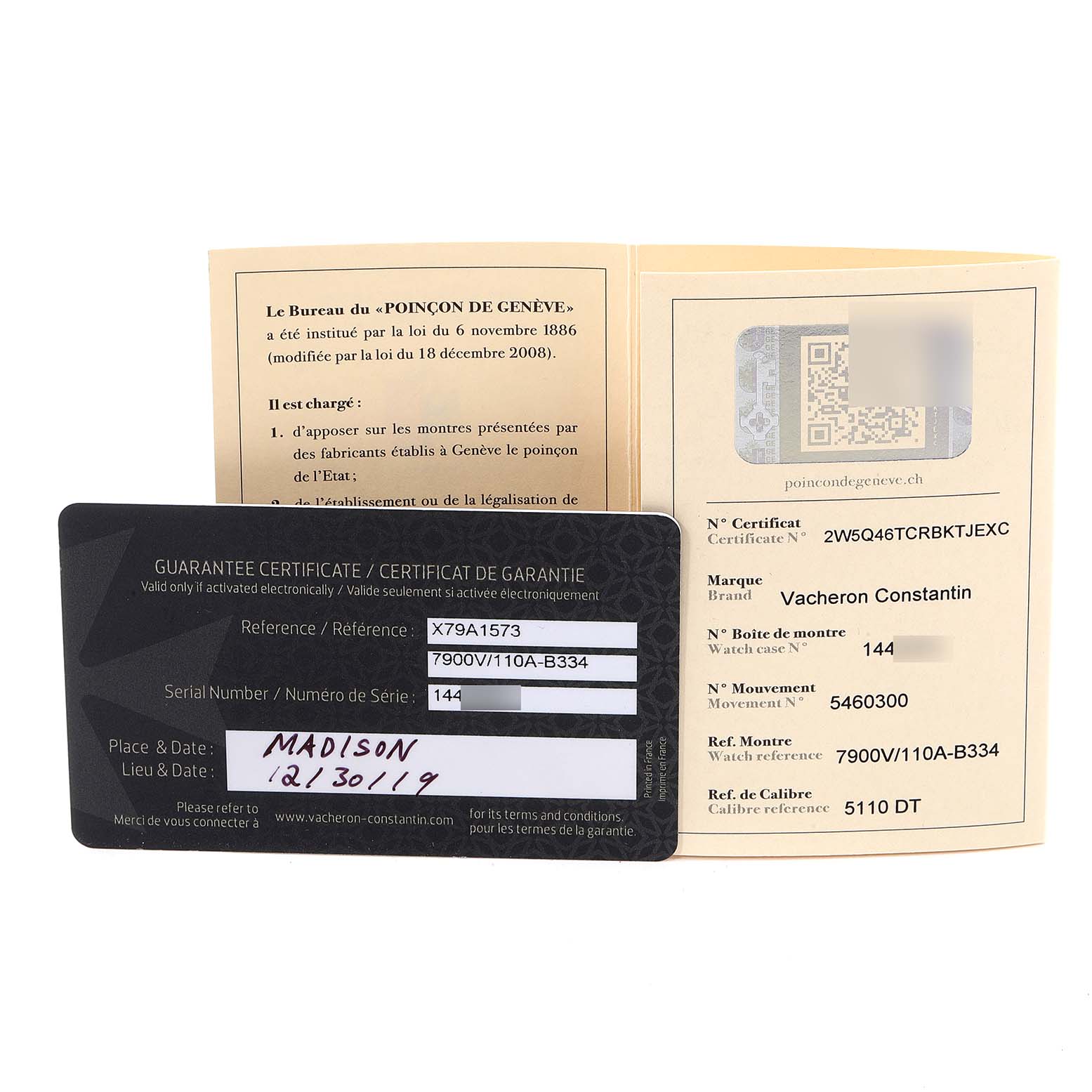 The image shows the guarantee certificate and documentation for the Vacheron Constantin Overseas 7900V/110A-B334 Men's Stainless Steel Blue Dial 7900V/110A-B334 Men's Stainless Steel Blue Dial model.