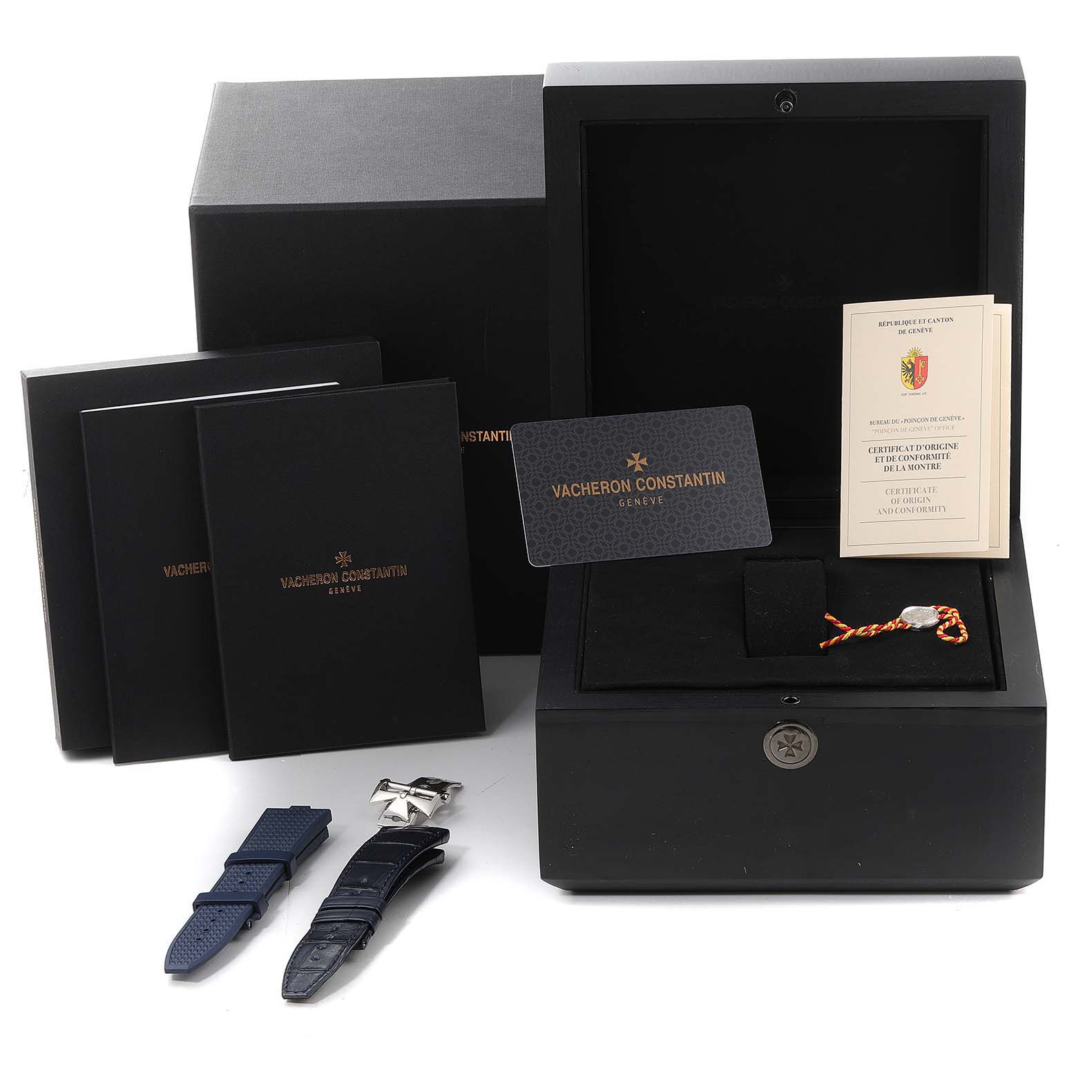 This image shows the packaging, straps, documentation, and accessories for the Vacheron Constantin Overseas 7900V/110A-B334 Men's Stainless Steel Blue Dial 7900V/110A-B334 Men's Stainless Steel Blue Dial model.