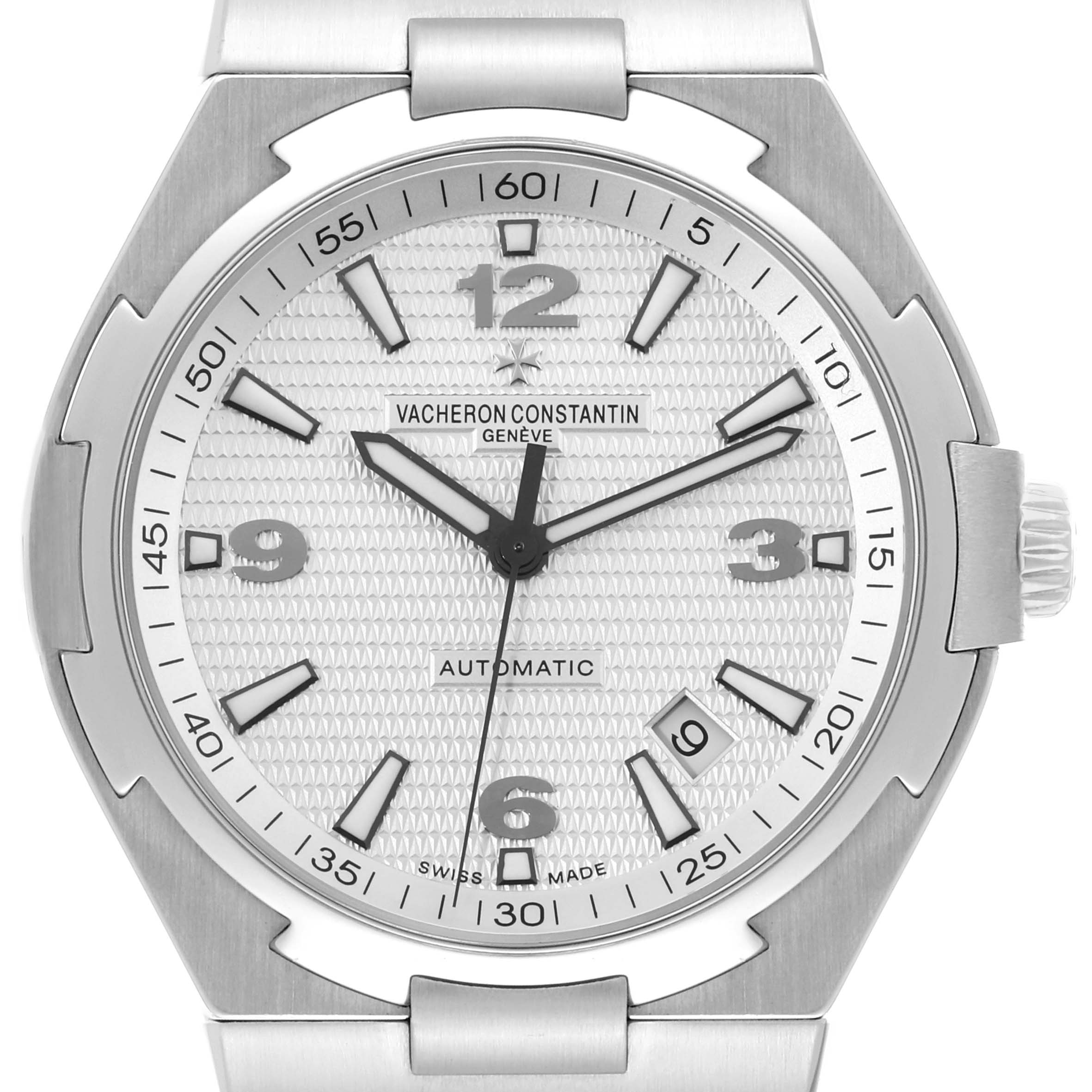 The image shows a front view of the Vacheron Constantin Overseas 47040 Men's Stainless Steel Silver Dial 47040 Men's Stainless Steel Silver Dial watch displaying its dial, hands, bezel, and part of the bracelet.