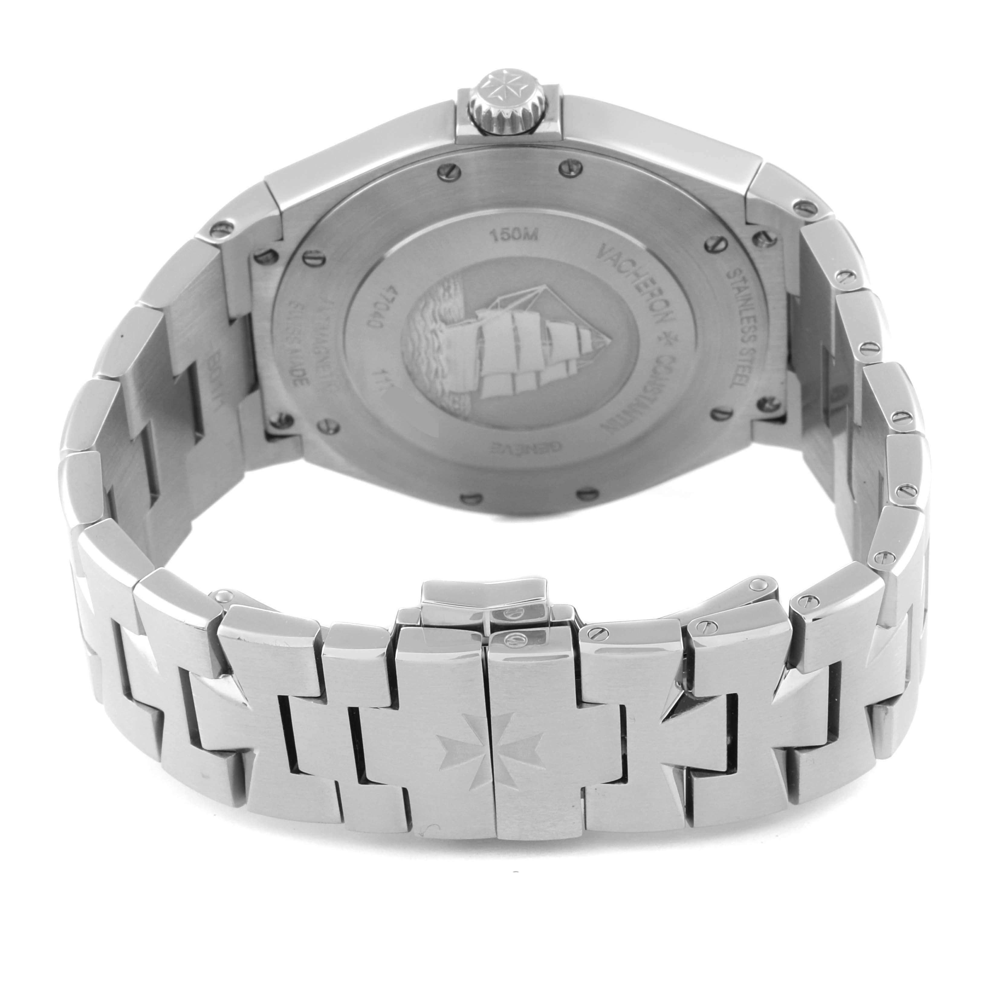 The image shows the back and bracelet of a Vacheron Constantin Overseas 47040 Men's Stainless Steel Silver Dial 47040 Men's Stainless Steel Silver Dial model watch.