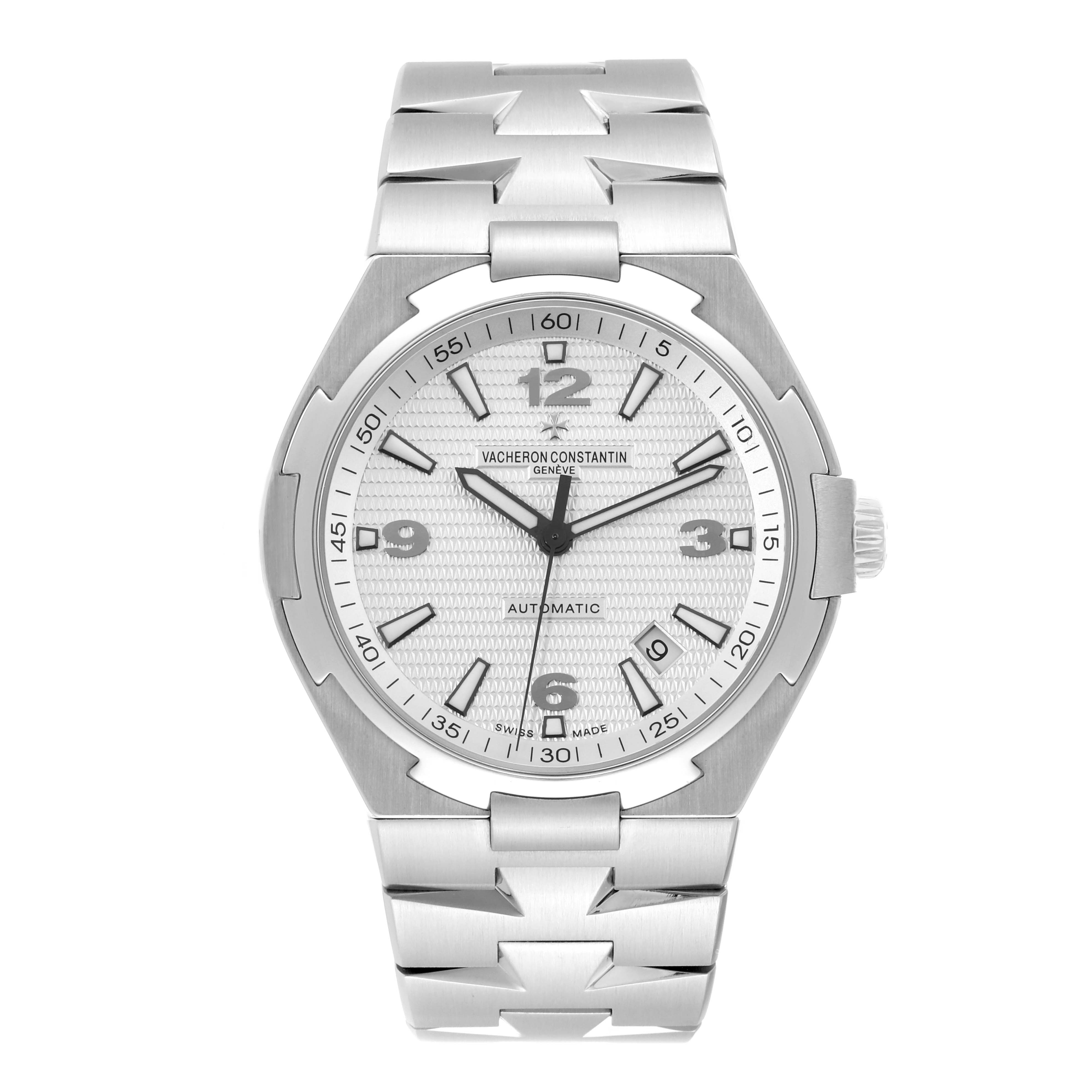 The image shows a front view of a Vacheron Constantin Overseas 47040 Men's Stainless Steel Silver Dial 47040 Men's Stainless Steel Silver Dial model watch, highlighting the dial, bracelet, and crown.