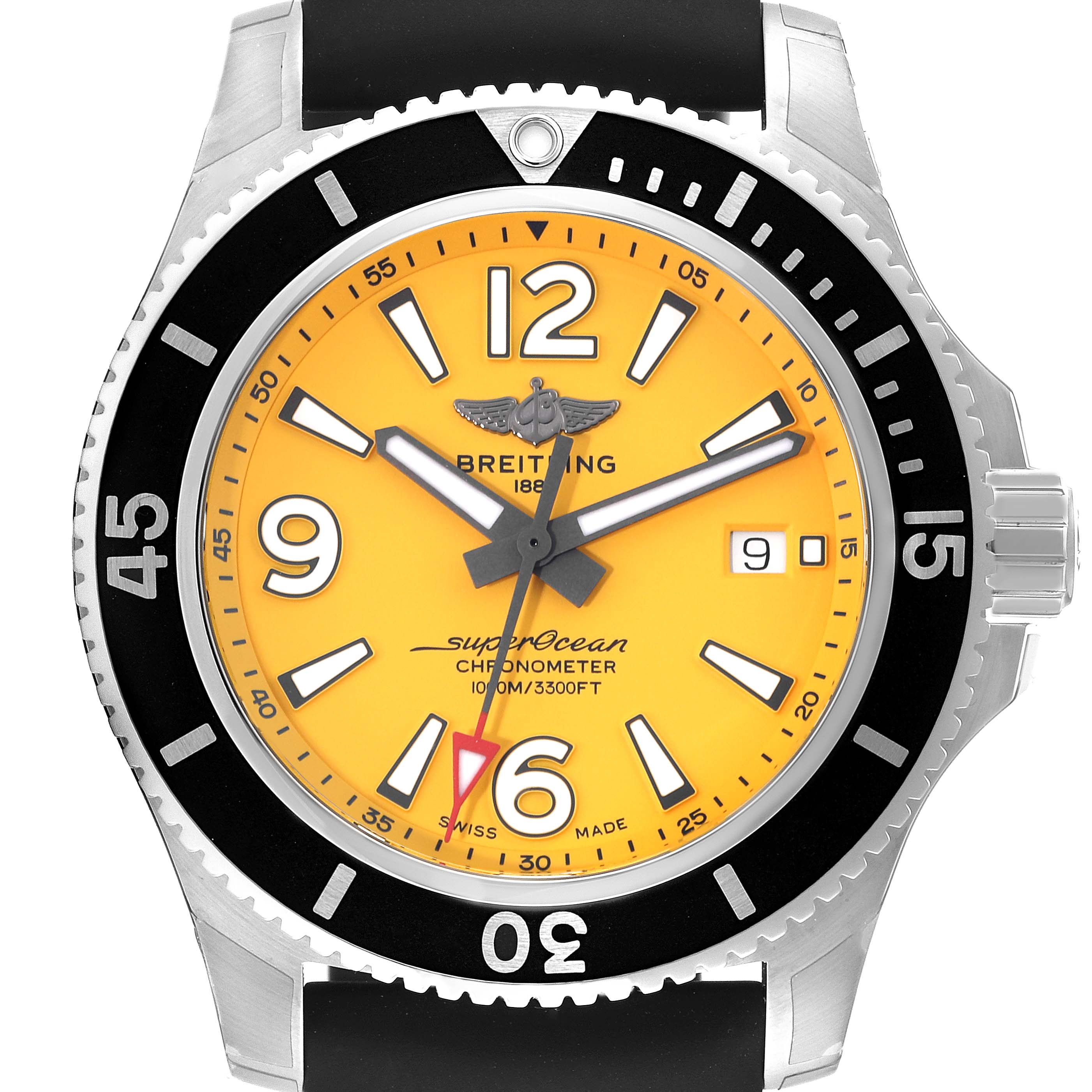 The image shows a front view of the Breitling Superocean A17367 Men's Stainless Steel Yellow Dial A17367 Men's Stainless Steel Yellow Dial watch displaying its dial, bezel, crown, and part of the strap.
