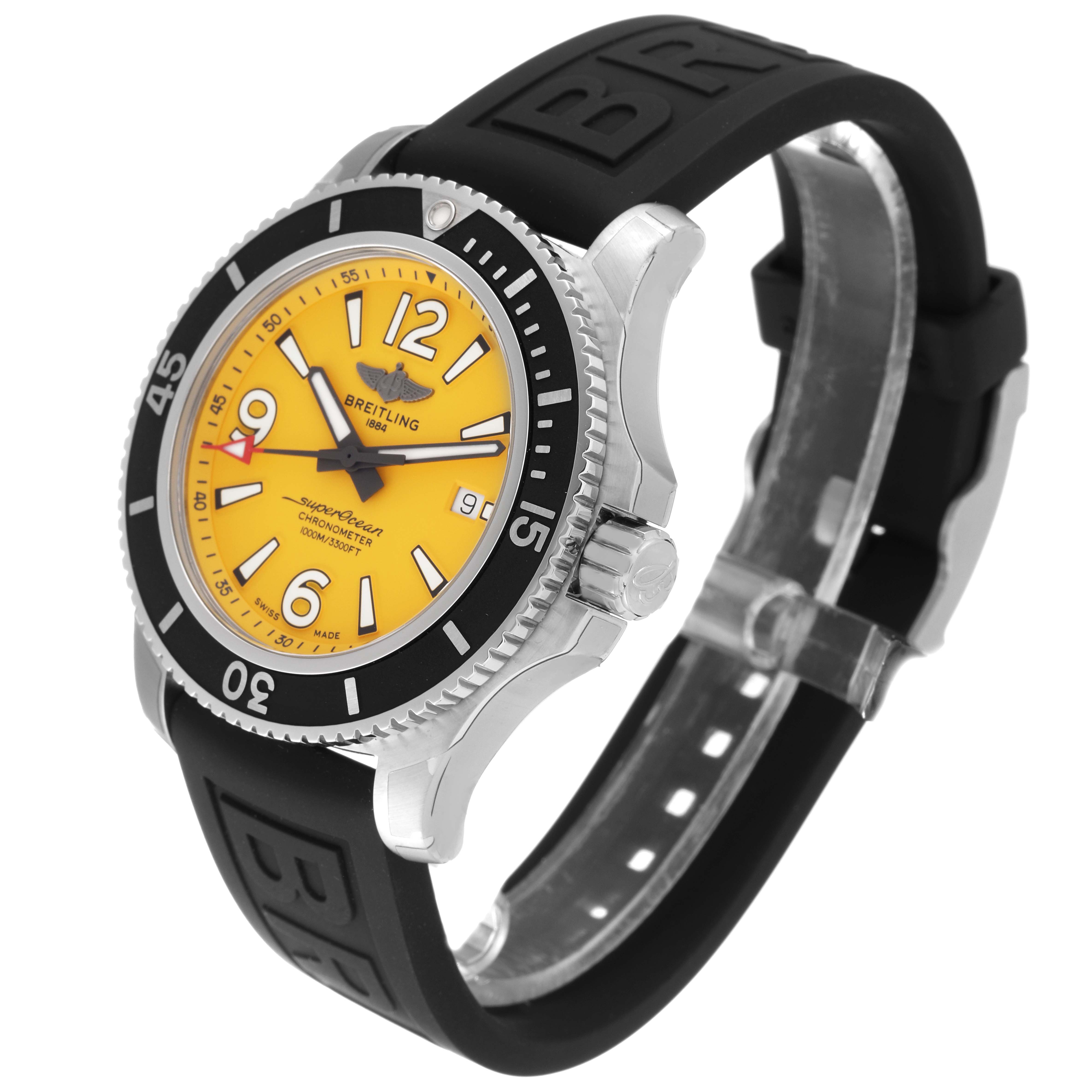 This image shows a Breitling Superocean A17367 Men's Stainless Steel Yellow Dial A17367 Men's Stainless Steel Yellow Dial watch at a 3/4 angle, highlighting its yellow dial, black bezel, and black rubber strap.