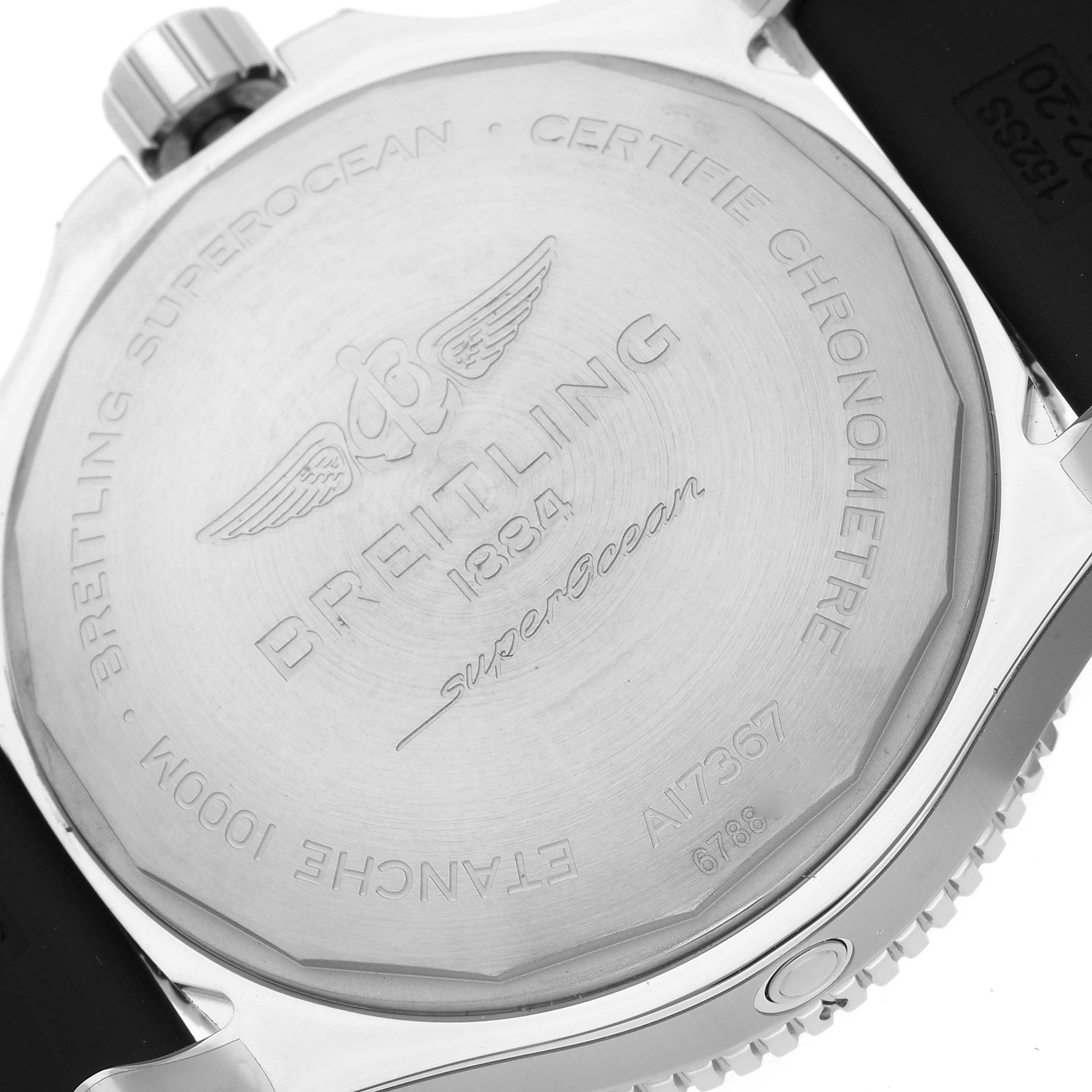 This image shows the back case of a Breitling Superocean A17367 Men's Stainless Steel Yellow Dial A17367 Men's Stainless Steel Yellow Dial watch, highlighting its engravings and markings.