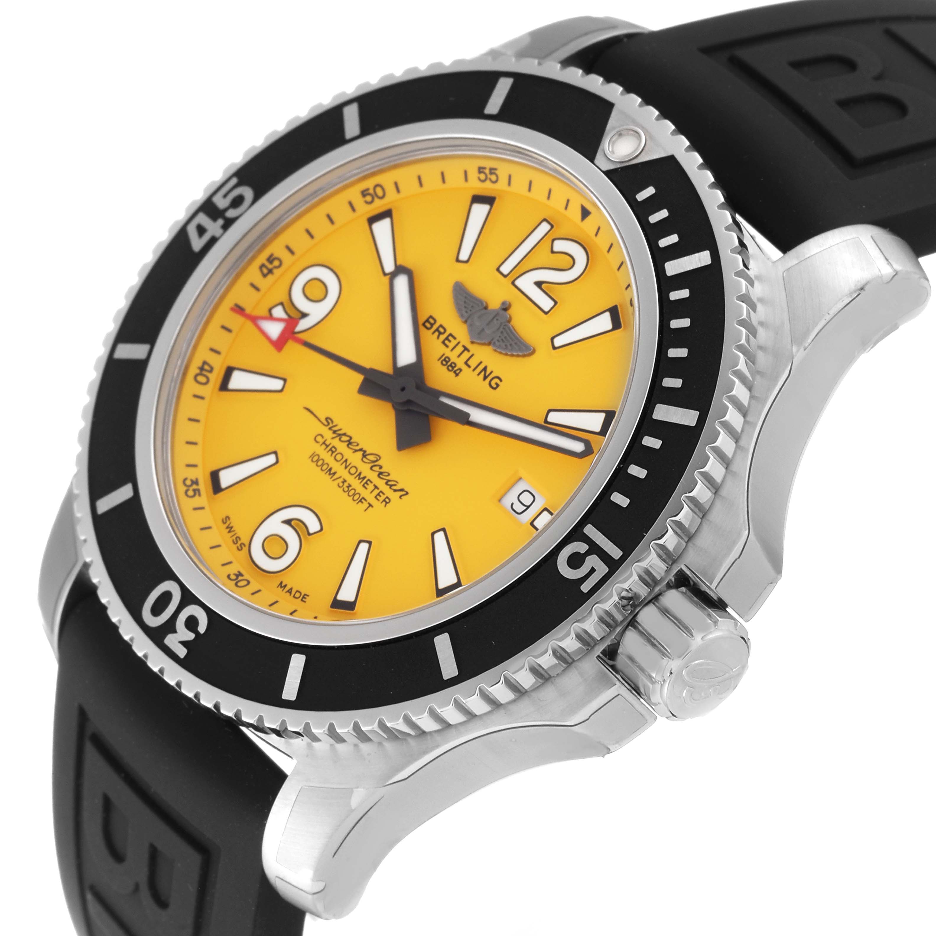 This Breitling Superocean A17367 Men's Stainless Steel Yellow Dial A17367 Men's Stainless Steel Yellow Dial watch photo showcases a side angle, highlighting the yellow dial, black bezel, and black rubber strap.
