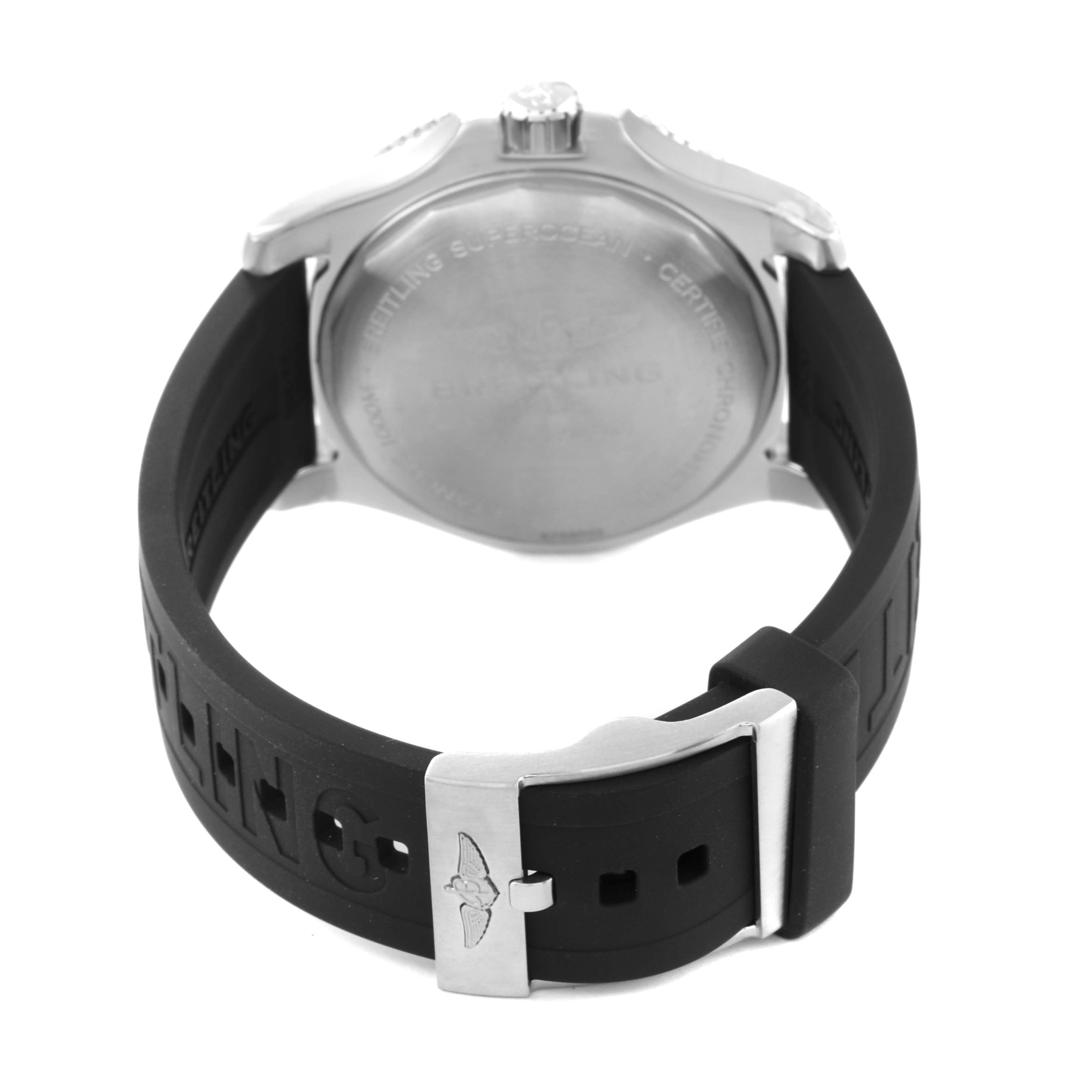 The image shows the back of a Breitling Superocean A17367 Men's Stainless Steel Yellow Dial A17367 Men's Stainless Steel Yellow Dial watch, highlighting the case back, crown, and black rubber strap.