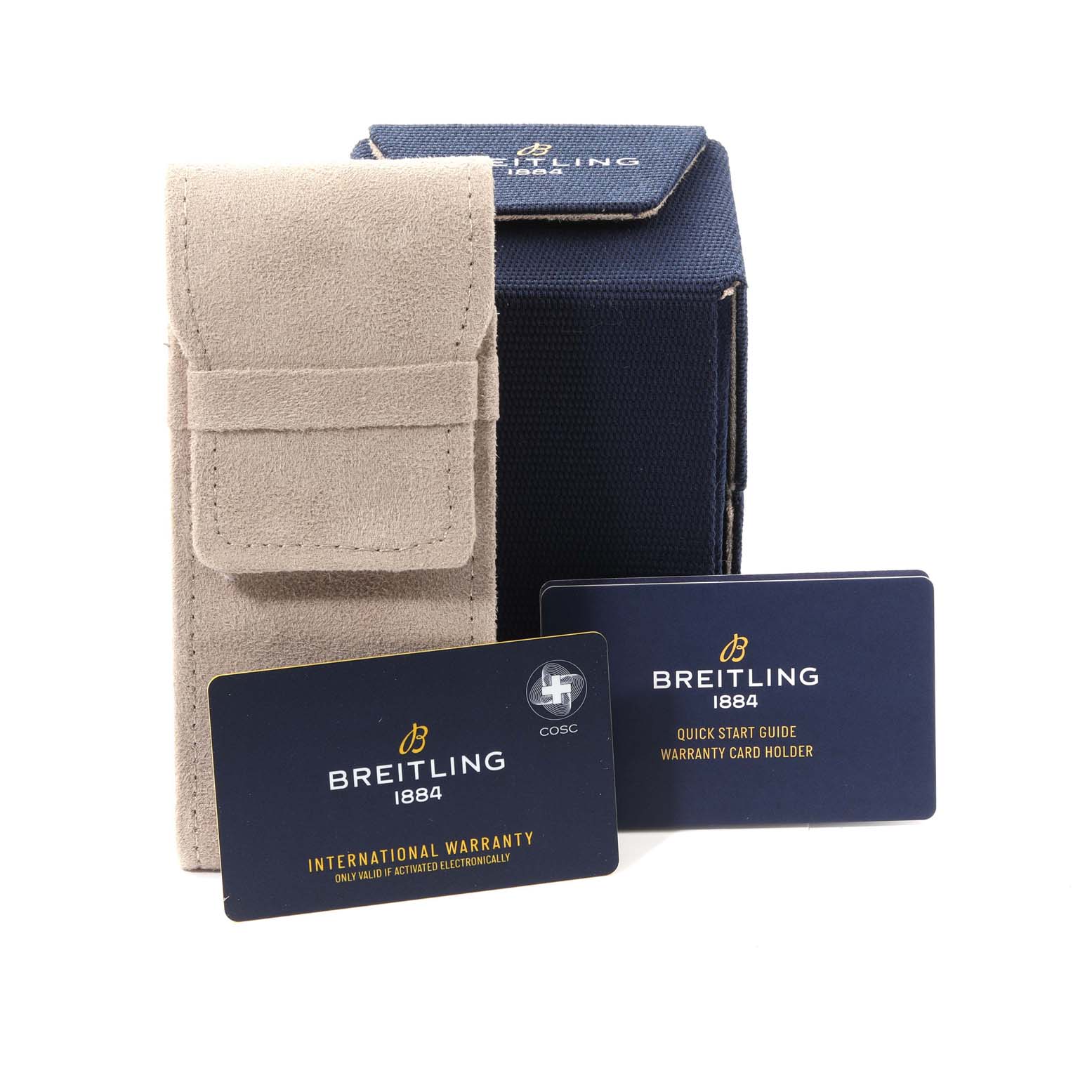 The image shows accessories for the Breitling Superocean A17367 Men's Stainless Steel Yellow Dial A17367 Men's Stainless Steel Yellow Dial, including a beige case, two warranty cards, and a blue box.