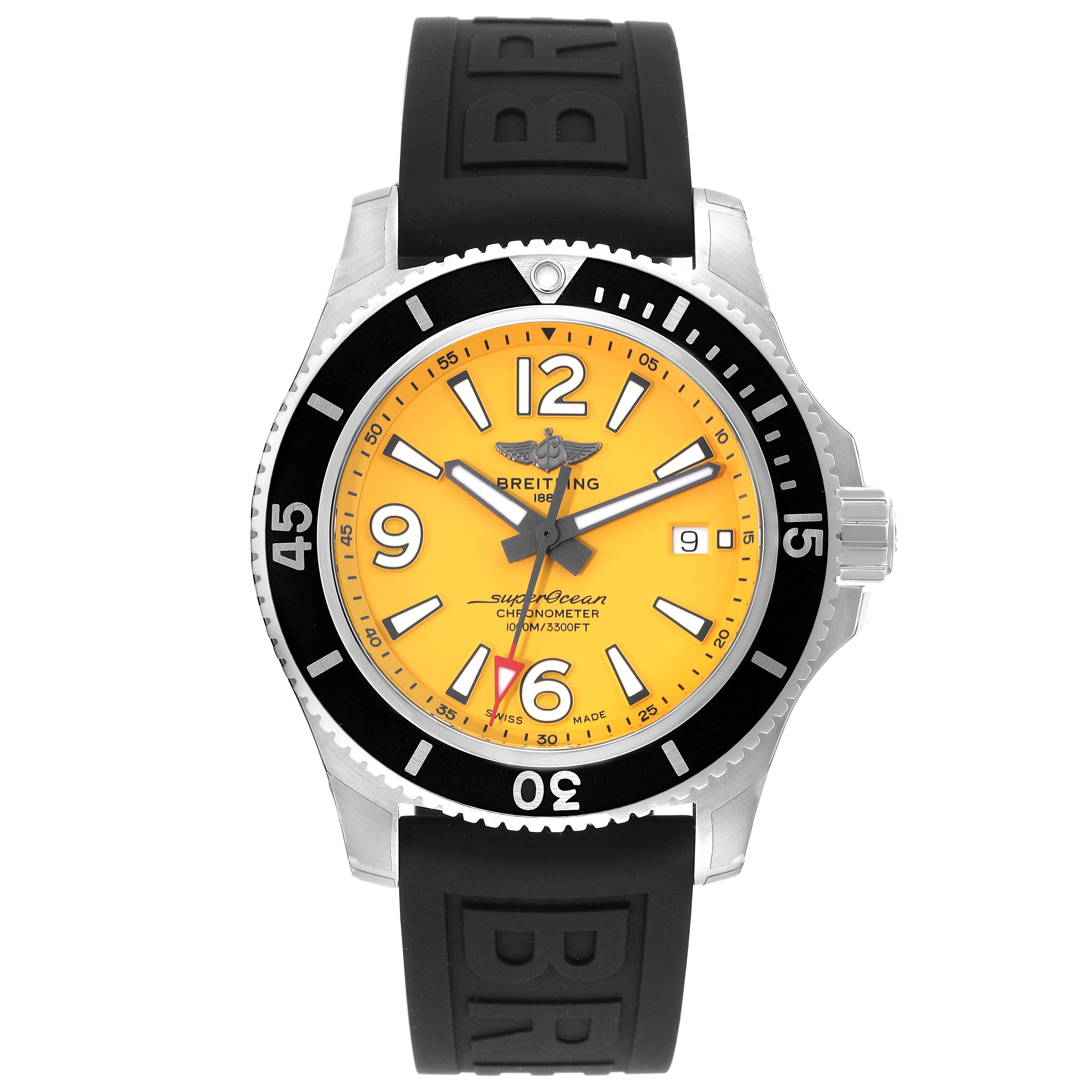 The Breitling Superocean A17367 Men's Stainless Steel Yellow Dial A17367 Men's Stainless Steel Yellow Dial watch is shown from the front, displaying its yellow dial, black bezel, and black rubber strap.