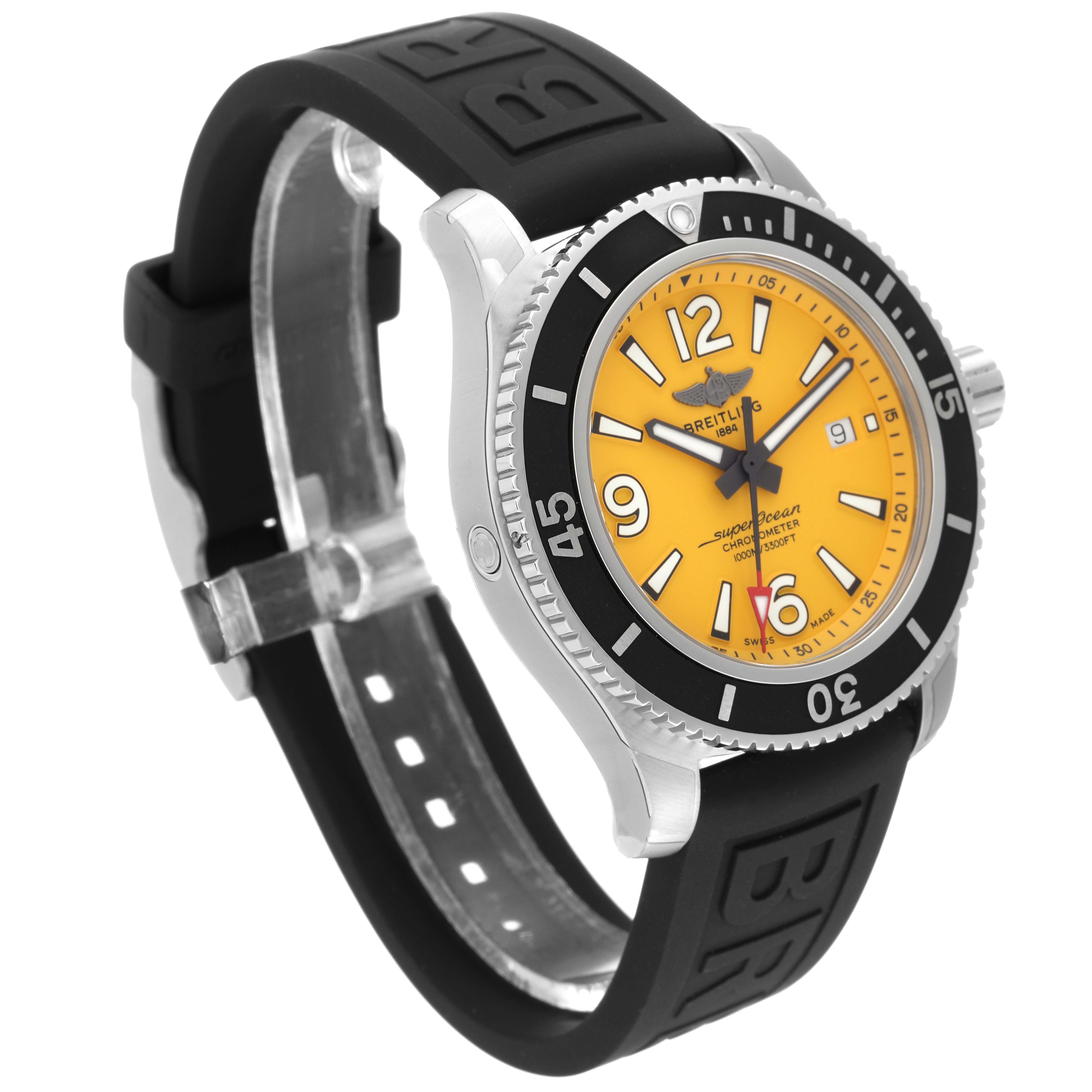 The Breitling Superocean A17367 Men's Stainless Steel Yellow Dial A17367 Men's Stainless Steel Yellow Dial watch is shown at a three-quarter angle, featuring its yellow dial, black bezel, and black rubber strap.