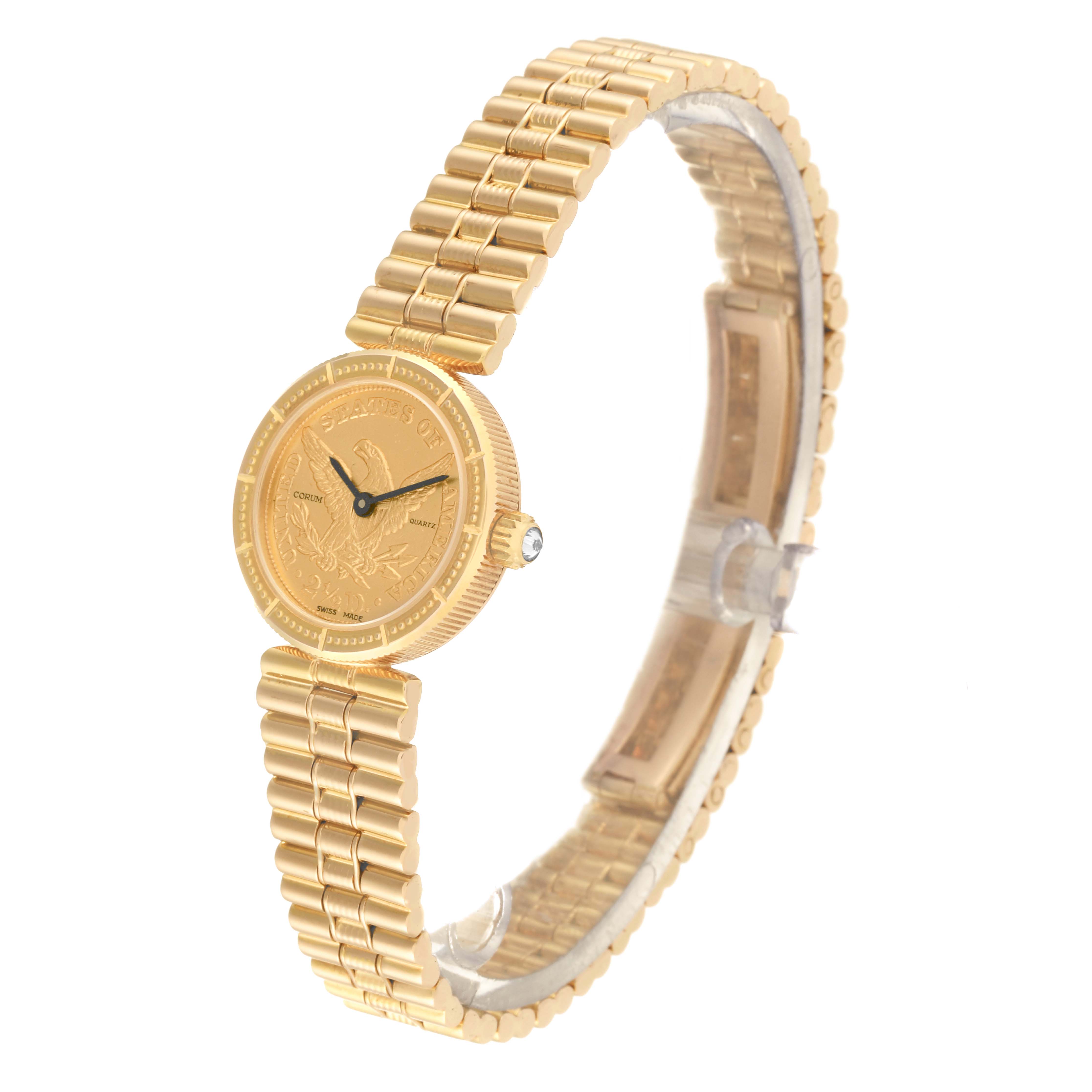 This image shows a side-angle view of the Corum 1852 Women
s Yellow Gold Champagne Dial 1852 Women
s Yellow Gold Champagne Dial 2.5 Dollars Eagle Liberty Coin Yellow Gold Ladies Watch 1852 model, featuring its face and gold bracelet.