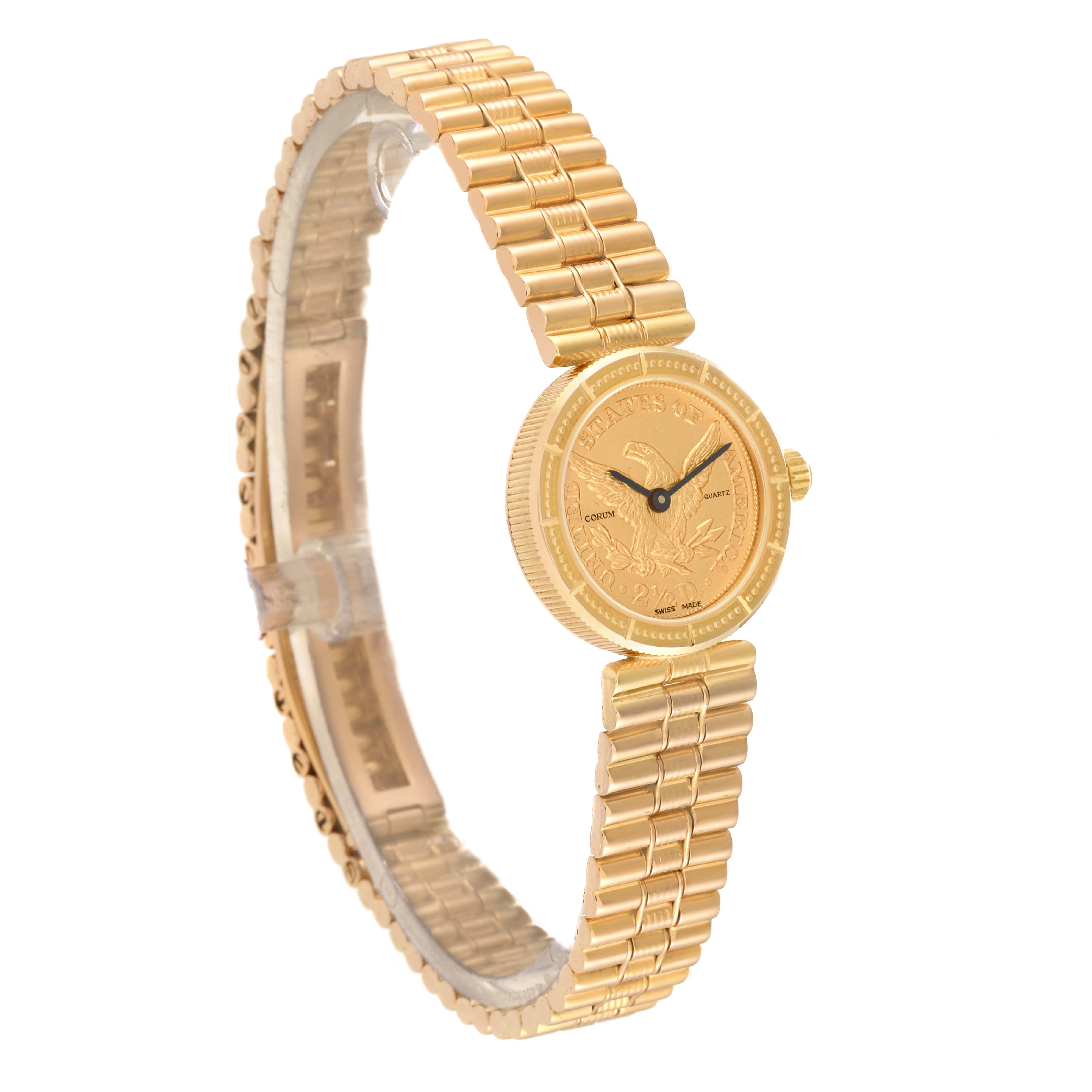 The Corum 1852 Women
s Yellow Gold Champagne Dial 1852 Women
s Yellow Gold Champagne Dial 2.5 Dollars Eagle Liberty Coin Yellow Gold Ladies Watch 1852 model is shown at a slight angle, displaying its face and band.
