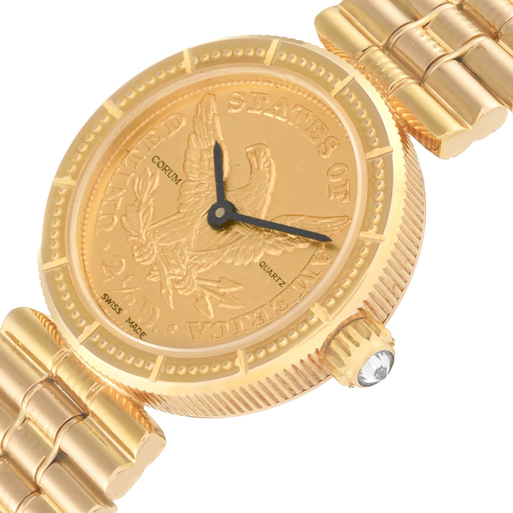 The image shows a front view of the face and band of a Corum 1852 Women
s Yellow Gold Champagne Dial 1852 Women
s Yellow Gold Champagne Dial 2.5 Dollars Eagle Liberty Coin Yellow Gold Ladies Watch 1852 model.