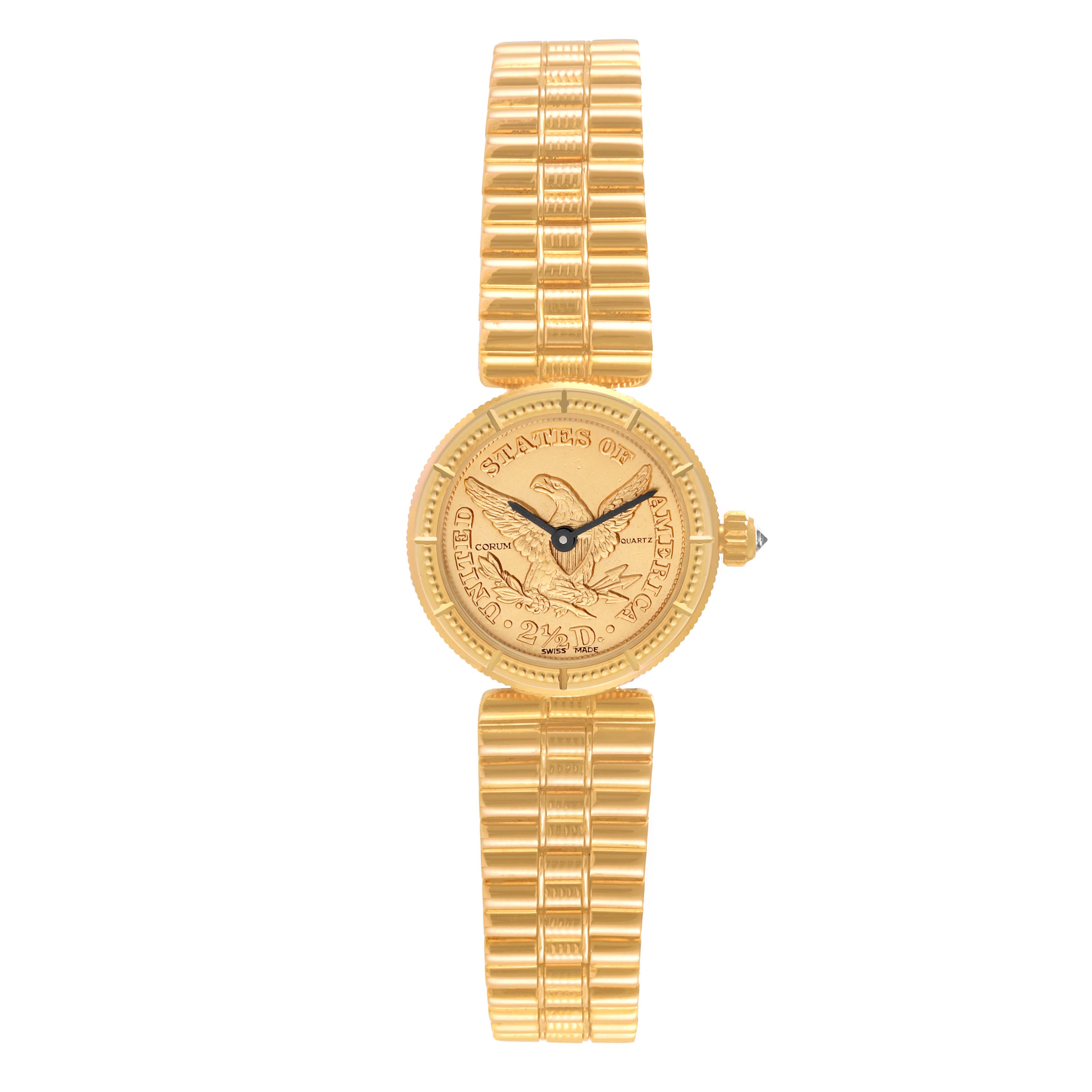 The image shows a frontal view of the Corum 1852 Women
s Yellow Gold Champagne Dial 1852 Women
s Yellow Gold Champagne Dial 2.5 Dollars Eagle Liberty Coin 1852 model watch, featuring its gold case and bracelet.