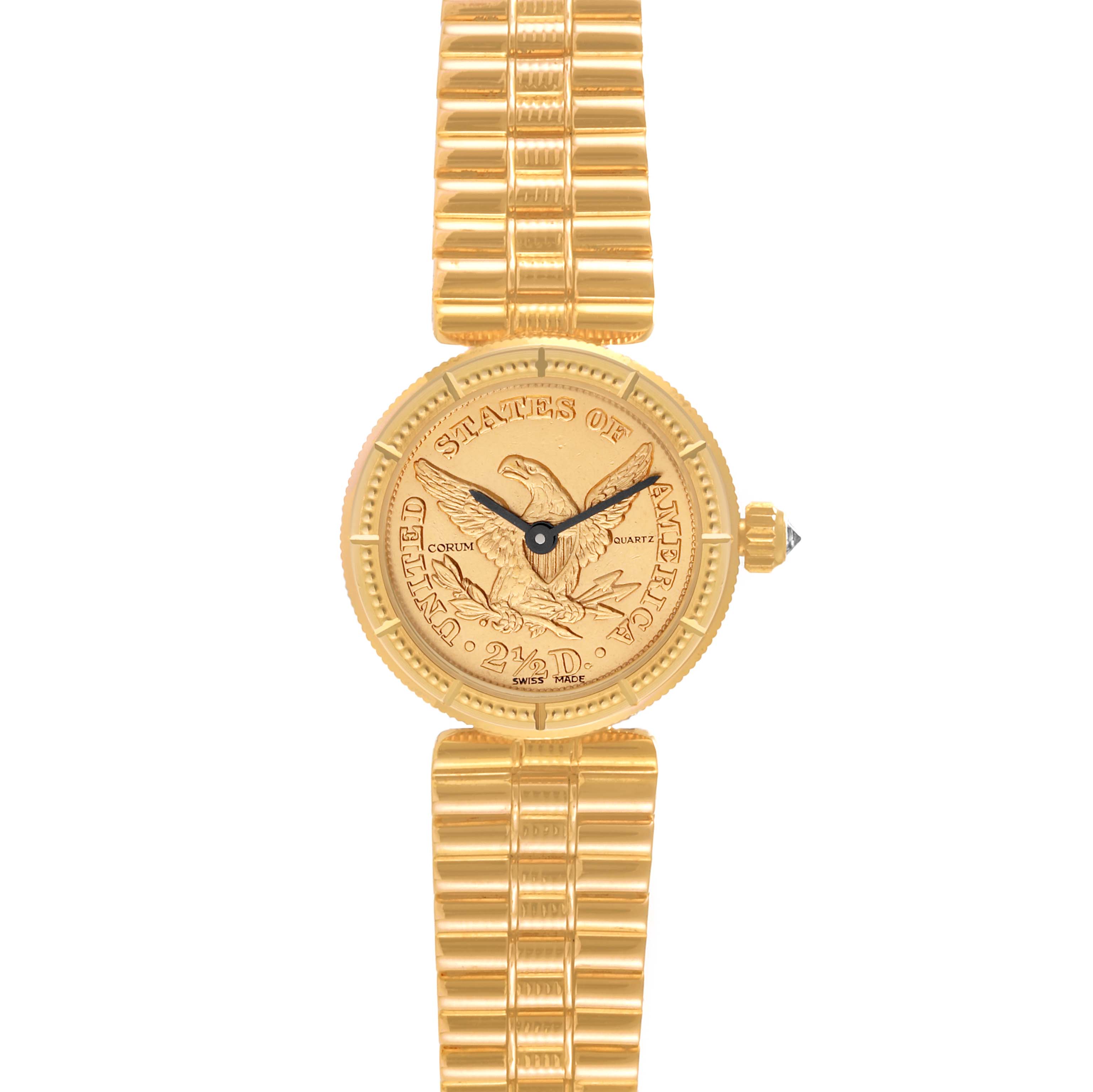 This image shows a front view of the Corum 1852 Women
s Yellow Gold Champagne Dial 1852 Women
s Yellow Gold Champagne Dial 2.5 Dollars Eagle Liberty Coin Yellow Gold Ladies Watch 1852 model, displaying its dial and bracelet.