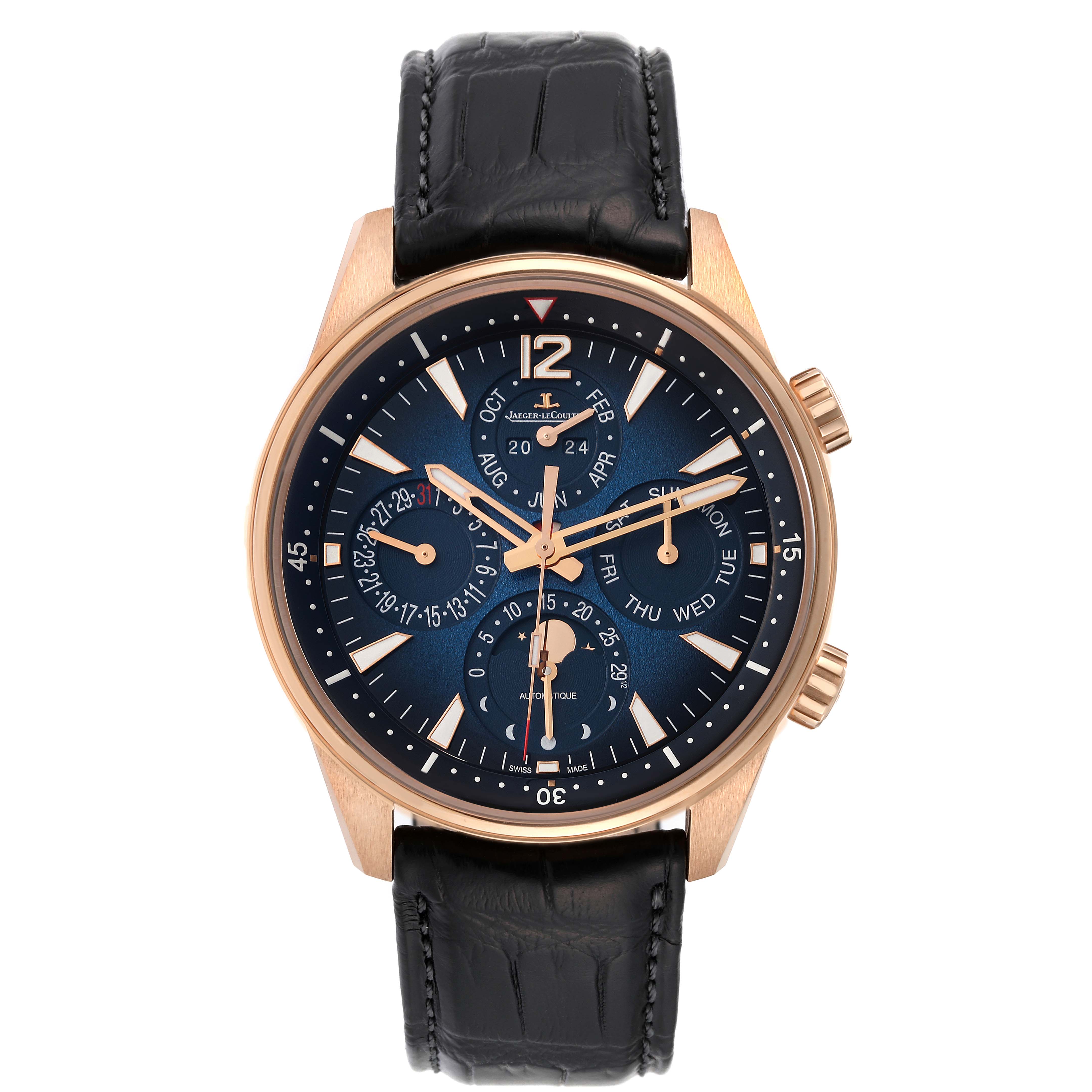 The image shows a front view of the Jaeger LeCoultre Polaris Q9082680 Men's Rose Gold Blue Dial Q9082680 Men's Rose Gold Blue Dial watch, highlighting the dial, hands, subdials, and leather strap.