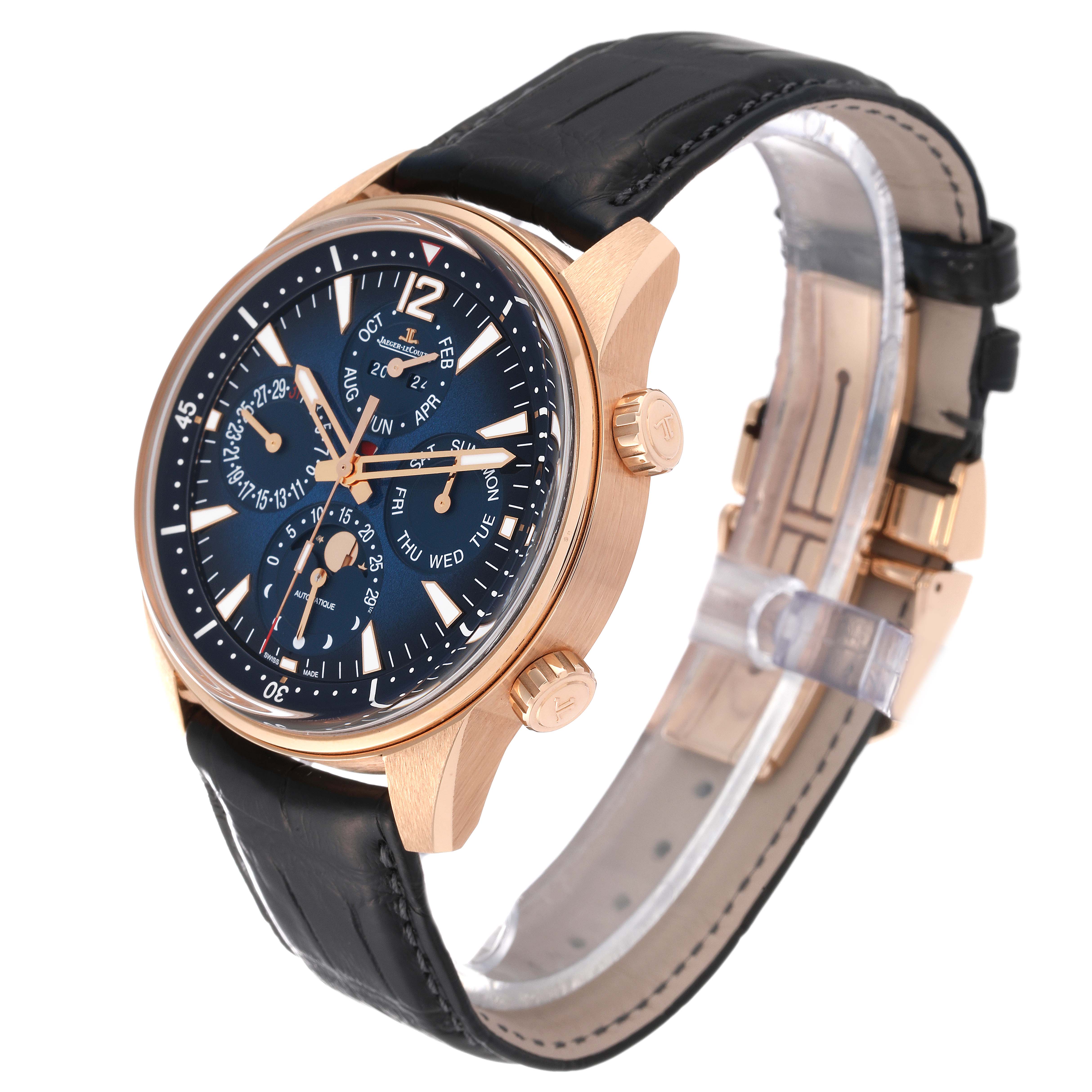 The image shows a Jaeger LeCoultre Polaris Q9082680 Men's Rose Gold Blue Dial Q9082680 Men's Rose Gold Blue Dial model watch from a side angle, featuring its dial, case, crown, and strap.
