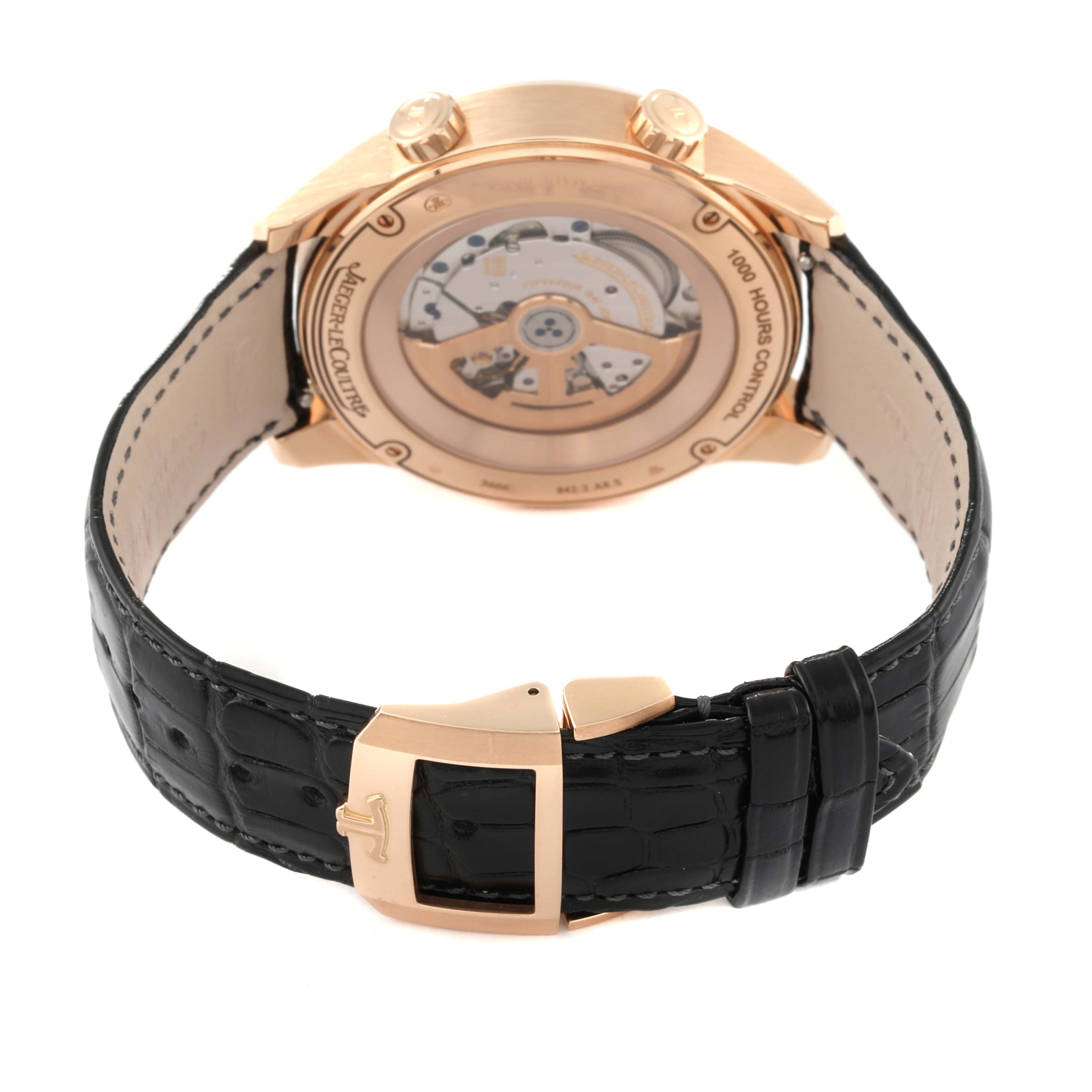 The image shows the back view of a Jaeger LeCoultre Polaris Q9082680 Men's Rose Gold Blue Dial Q9082680 Men's Rose Gold Blue Dial watch, highlighting the movement and black leather strap.