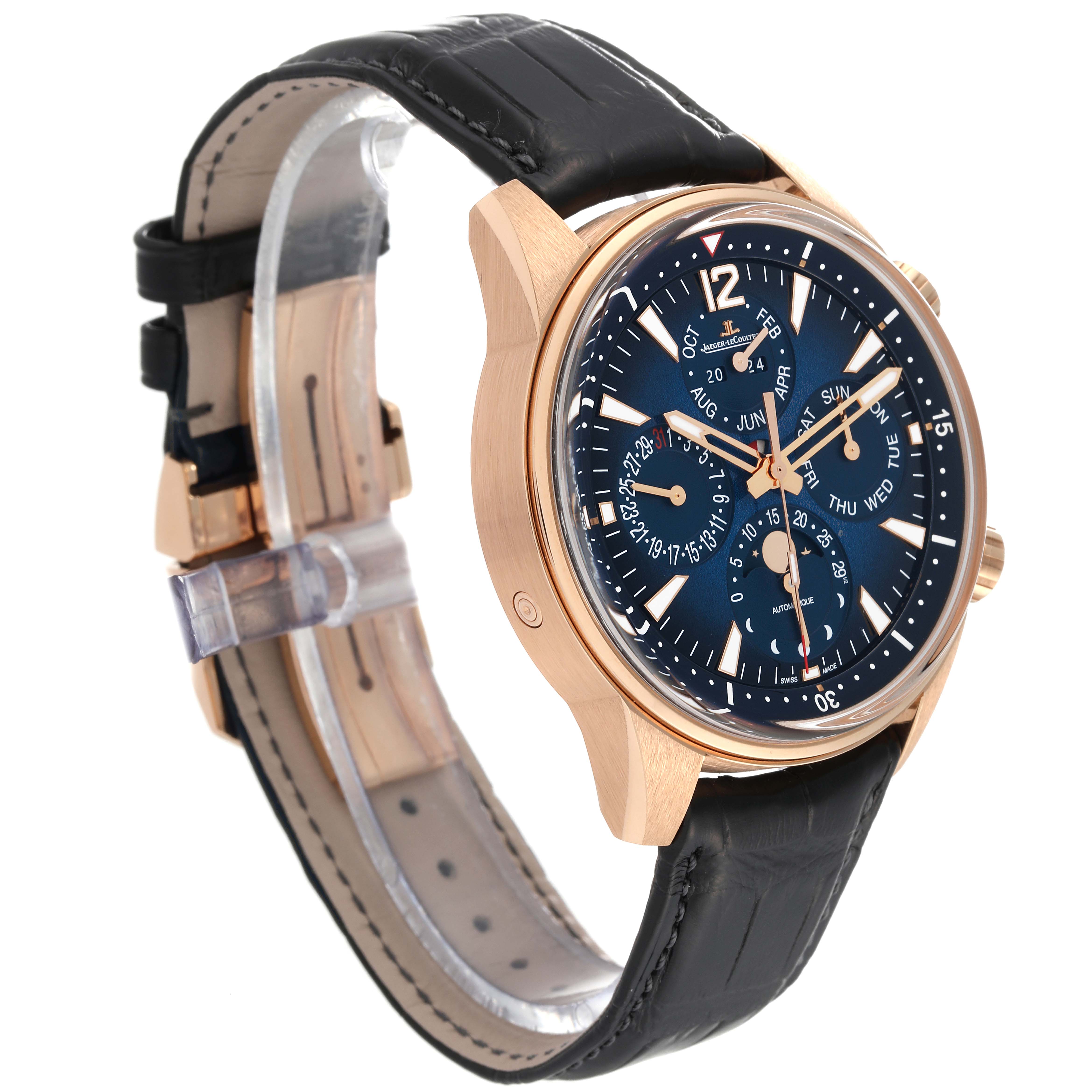 This image shows a side angle of the Jaeger LeCoultre Polaris Q9082680 Men's Rose Gold Blue Dial Q9082680 Men's Rose Gold Blue Dial watch, highlighting its dial, case, and leather strap.