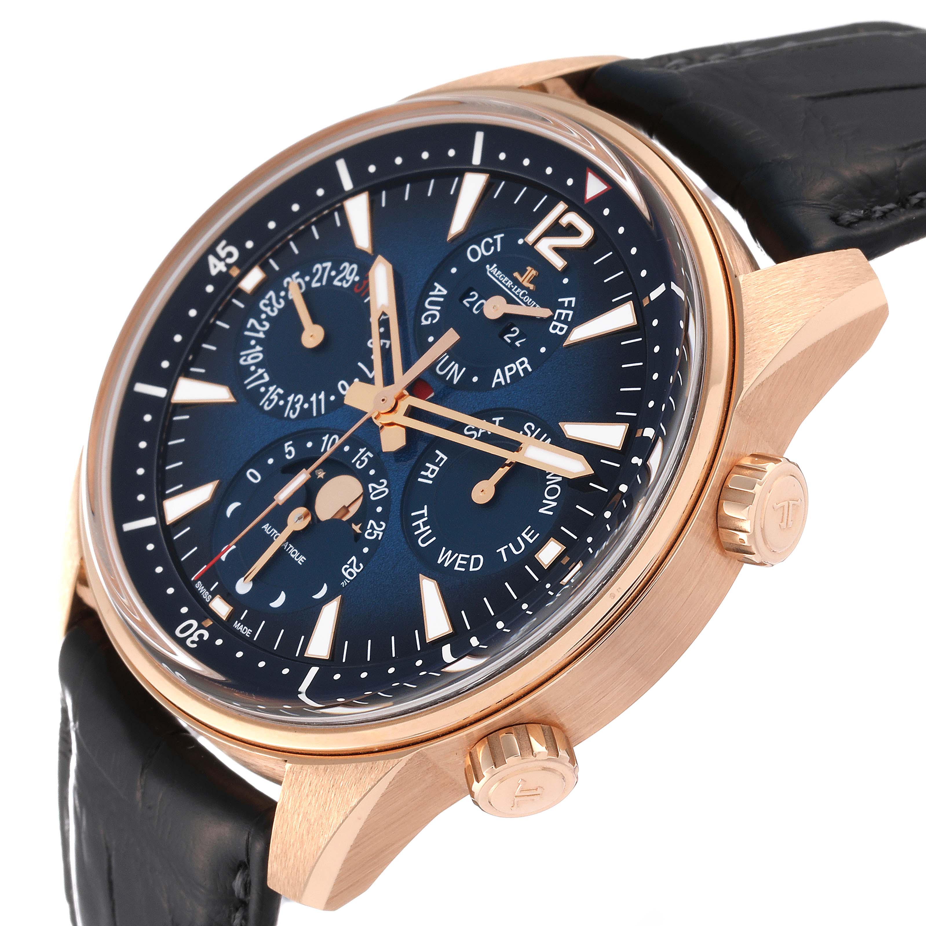 This Jaeger LeCoultre Polaris Q9082680 Men's Rose Gold Blue Dial Q9082680 Men's Rose Gold Blue Dial watch is shown from a three-quarter angle, displaying its dials, bezels, and crown.