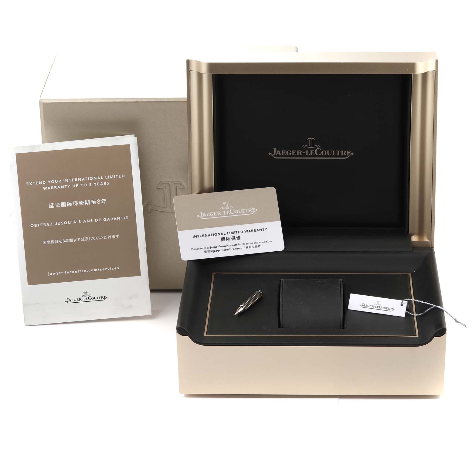 The image shows a Jaeger LeCoultre Polaris Q9082680 Men's Rose Gold Blue Dial Q9082680 Men's Rose Gold Blue Dial watch box, warranty card, booklet, and accessories at an angled view.