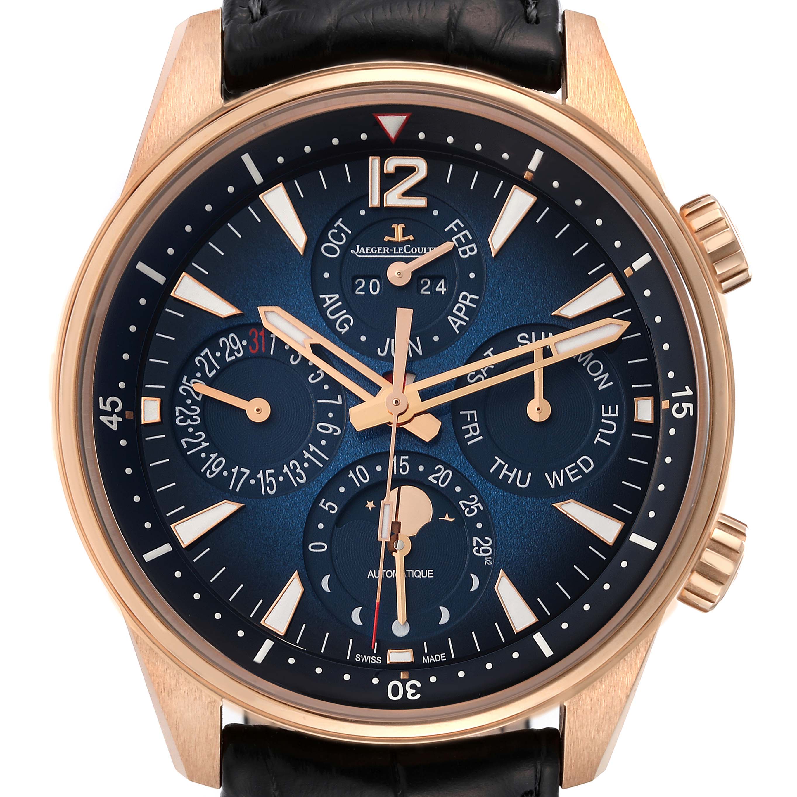 The image shows a close-up of the Jaeger LeCoultre Polaris Q9082680 Men's Rose Gold Blue Dial Q9082680 Men's Rose Gold Blue Dial watch face, highlighting its subdials, hands, and markers.