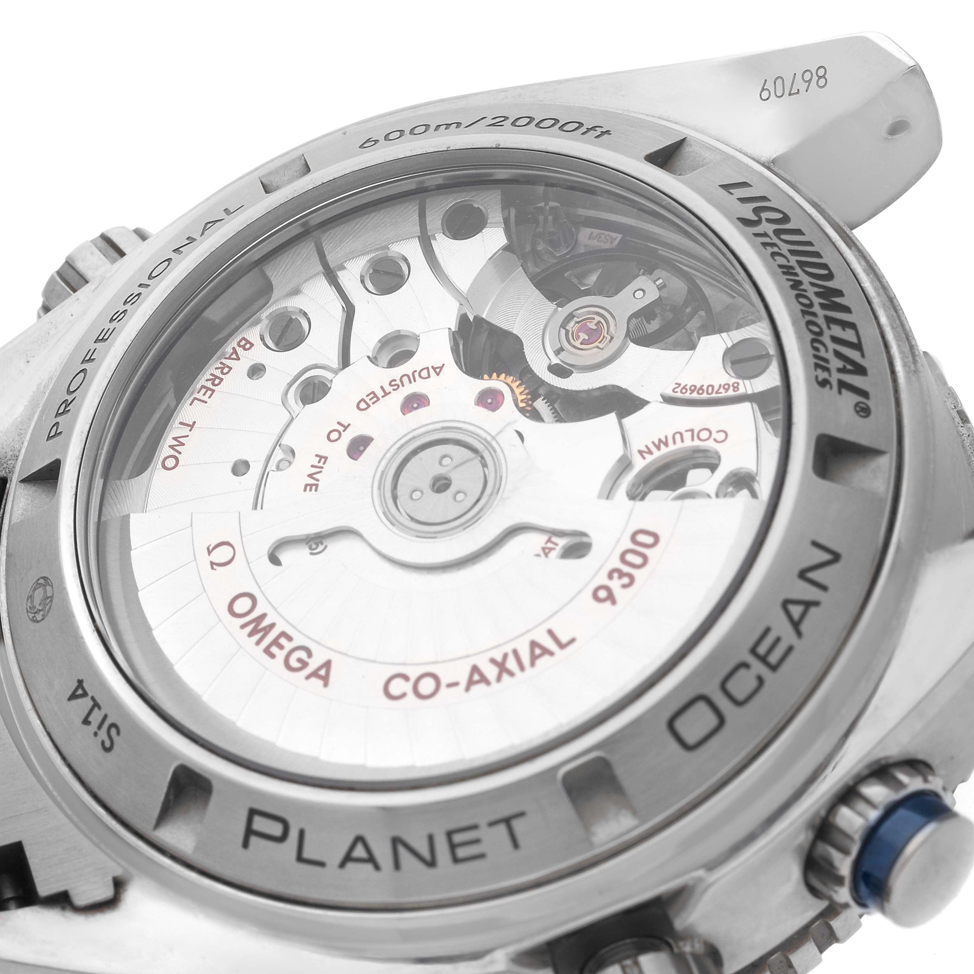 The image shows the backside of an Omega Planet Ocean 232.90.46.51.03.001 Men
s Titanium Blue Dial 232.90.46.51.03.001 Men
s Titanium Blue Dial watch, highlighting the transparent case back and internal mechanics.