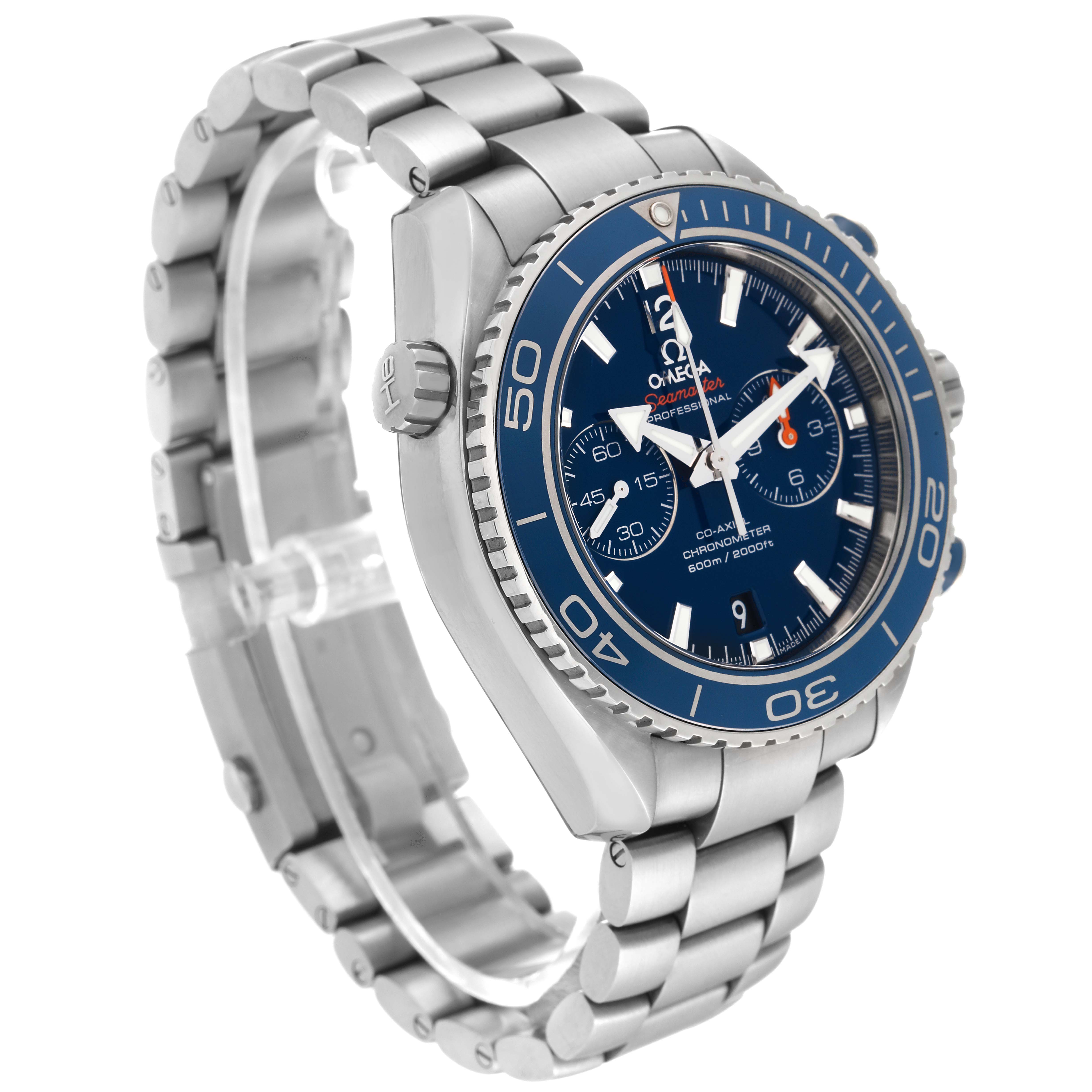 The image shows an Omega Planet Ocean 232.90.46.51.03.001 Men
s Titanium Blue Dial 232.90.46.51.03.001 Men
s Titanium Blue Dial watch from a three-quarter angle, displaying the face, bezel, case, crown, and bracelet.