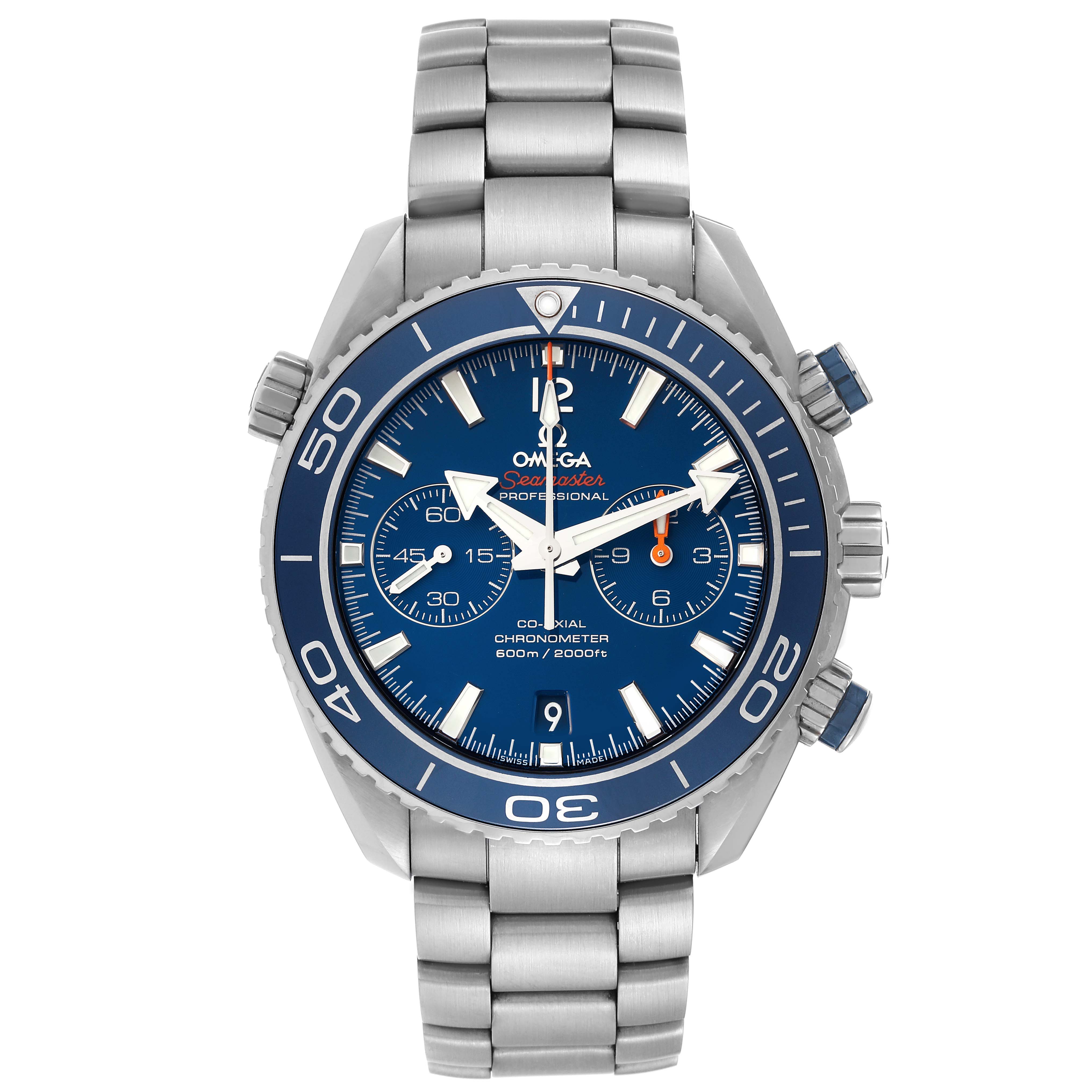 The image shows a front view of the Omega Planet Ocean 232.90.46.51.03.001 Men
s Titanium Blue Dial 232.90.46.51.03.001 Men
s Titanium Blue Dial watch, displaying its dial, bezel, crown, and bracelet.
